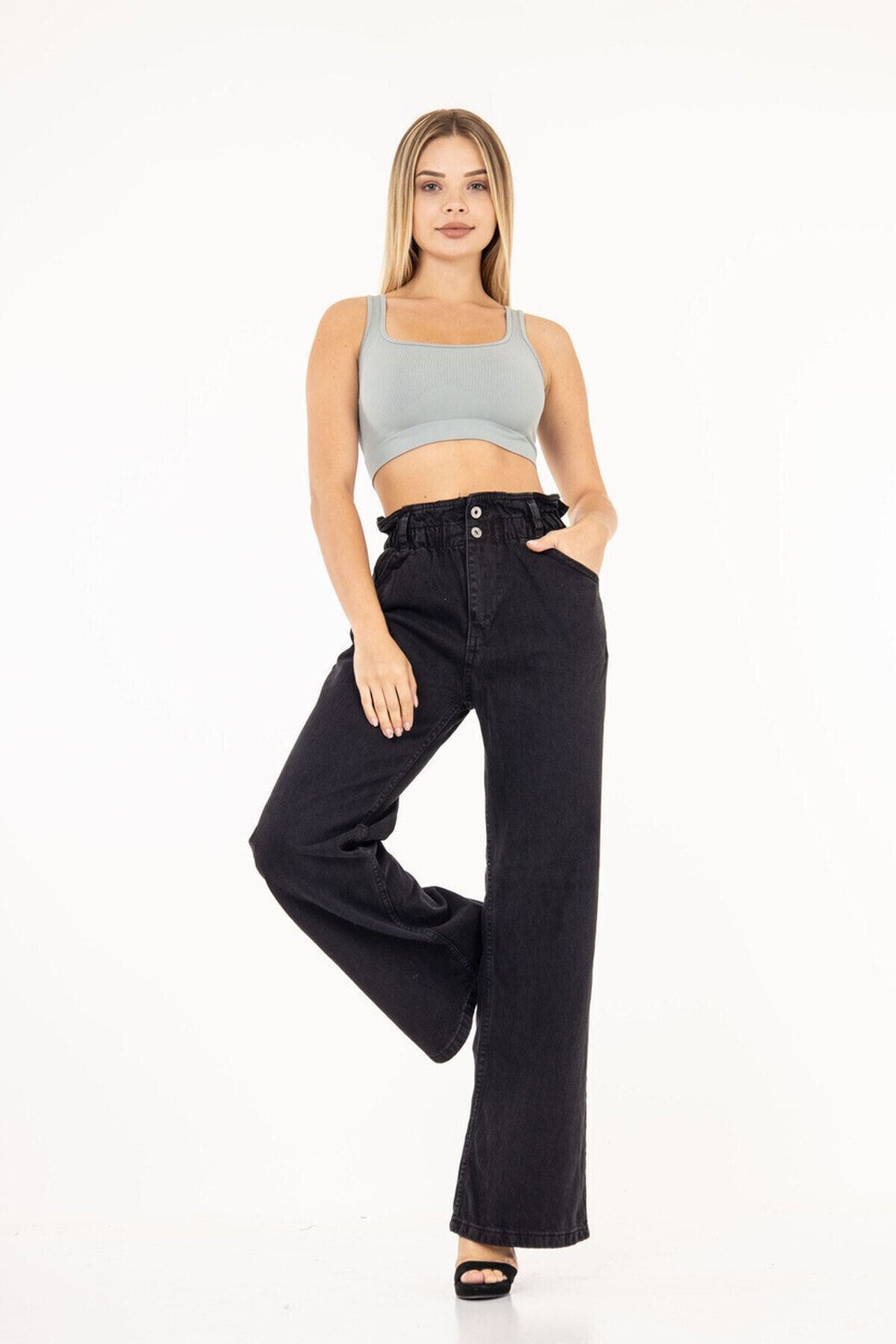 Kadın Füme Beli Lastikli Yüksek Bel Palazzo Jeans