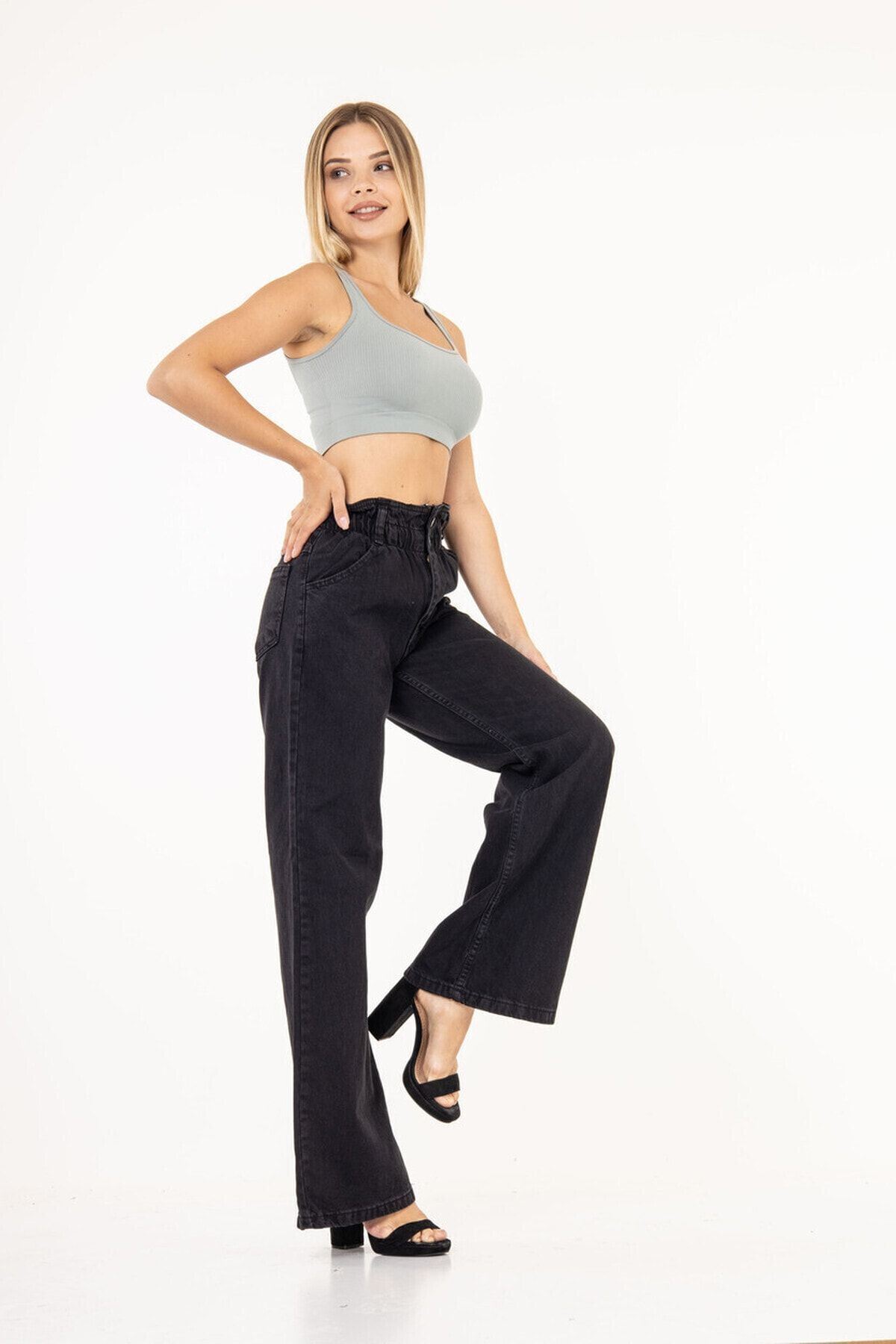 Kadın Füme Beli Lastikli Yüksek Bel Palazzo Jeans