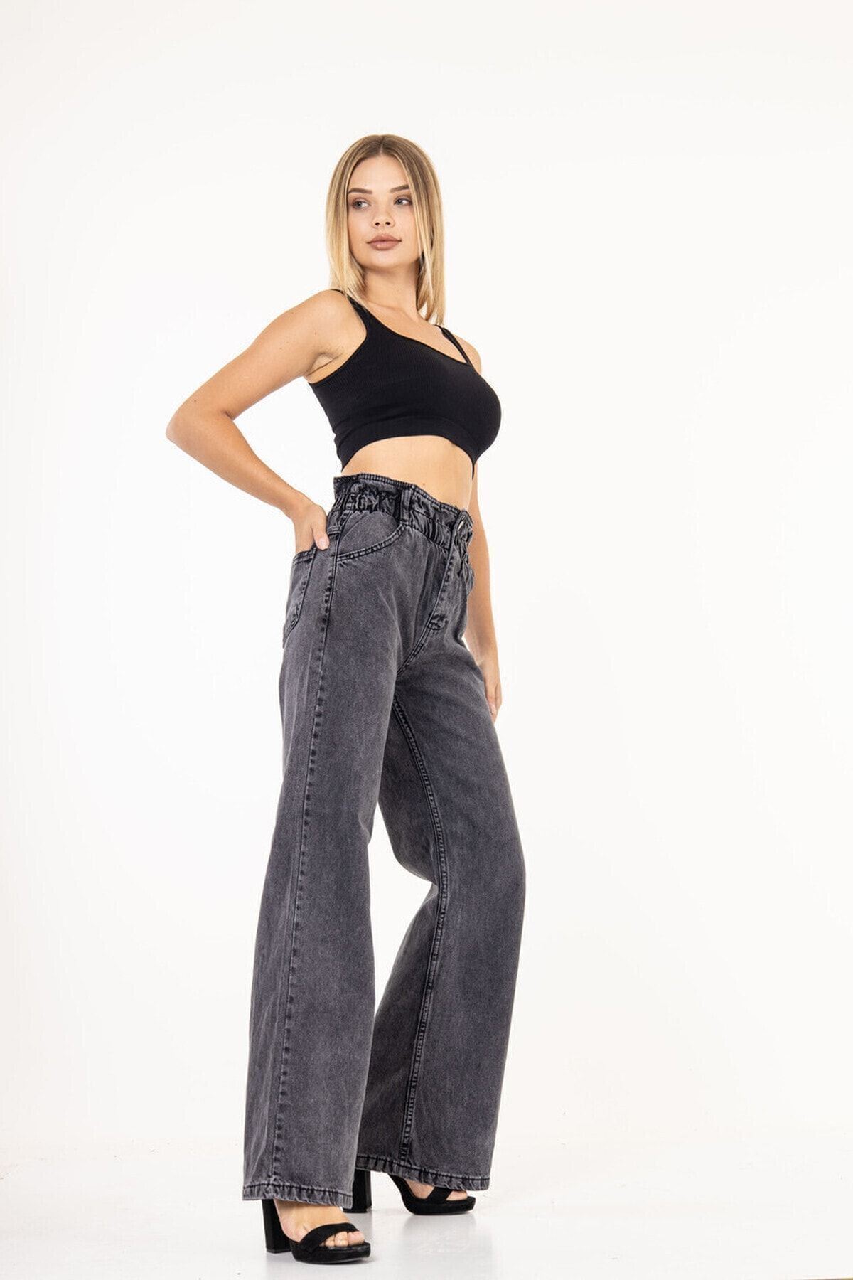 Kadın Gri Beli Lastikli Yüksek Bel Palazzo Jeans