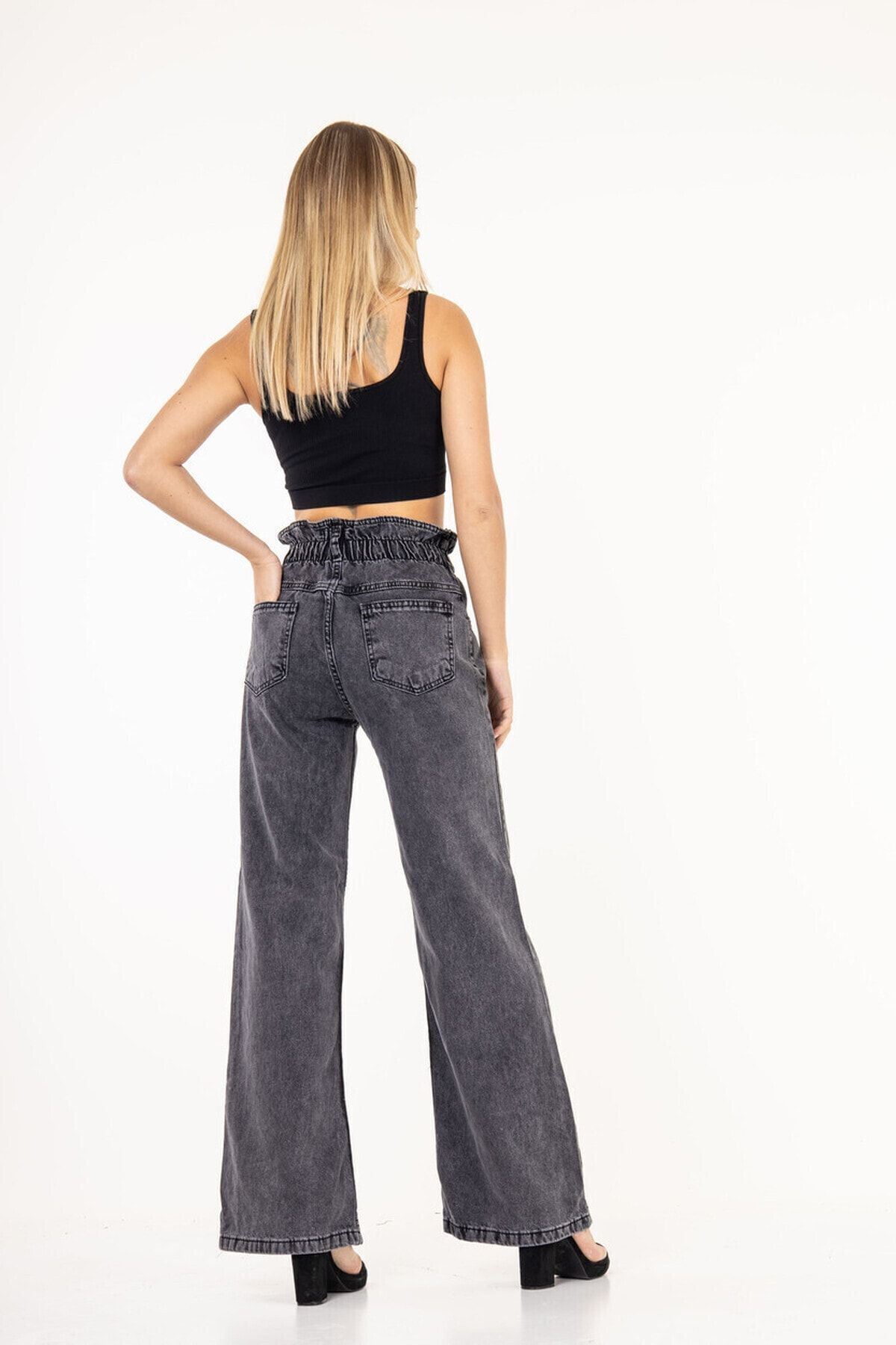 Kadın Gri Beli Lastikli Yüksek Bel Palazzo Jeans