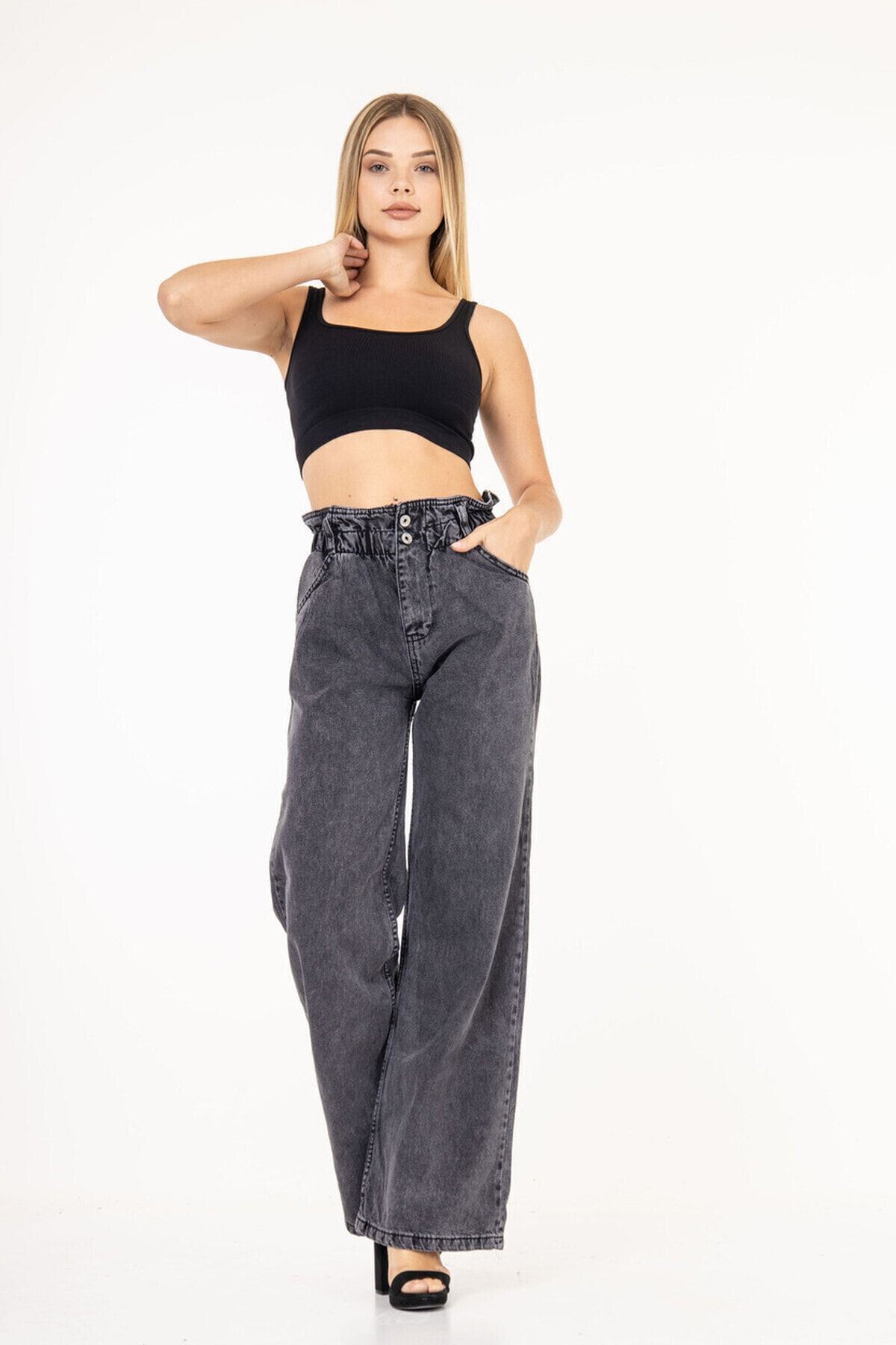 Kadın Gri Beli Lastikli Yüksek Bel Palazzo Jeans