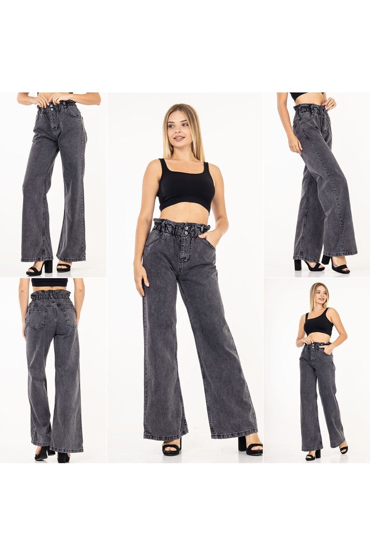 Kadın Gri Beli Lastikli Yüksek Bel Palazzo Jeans