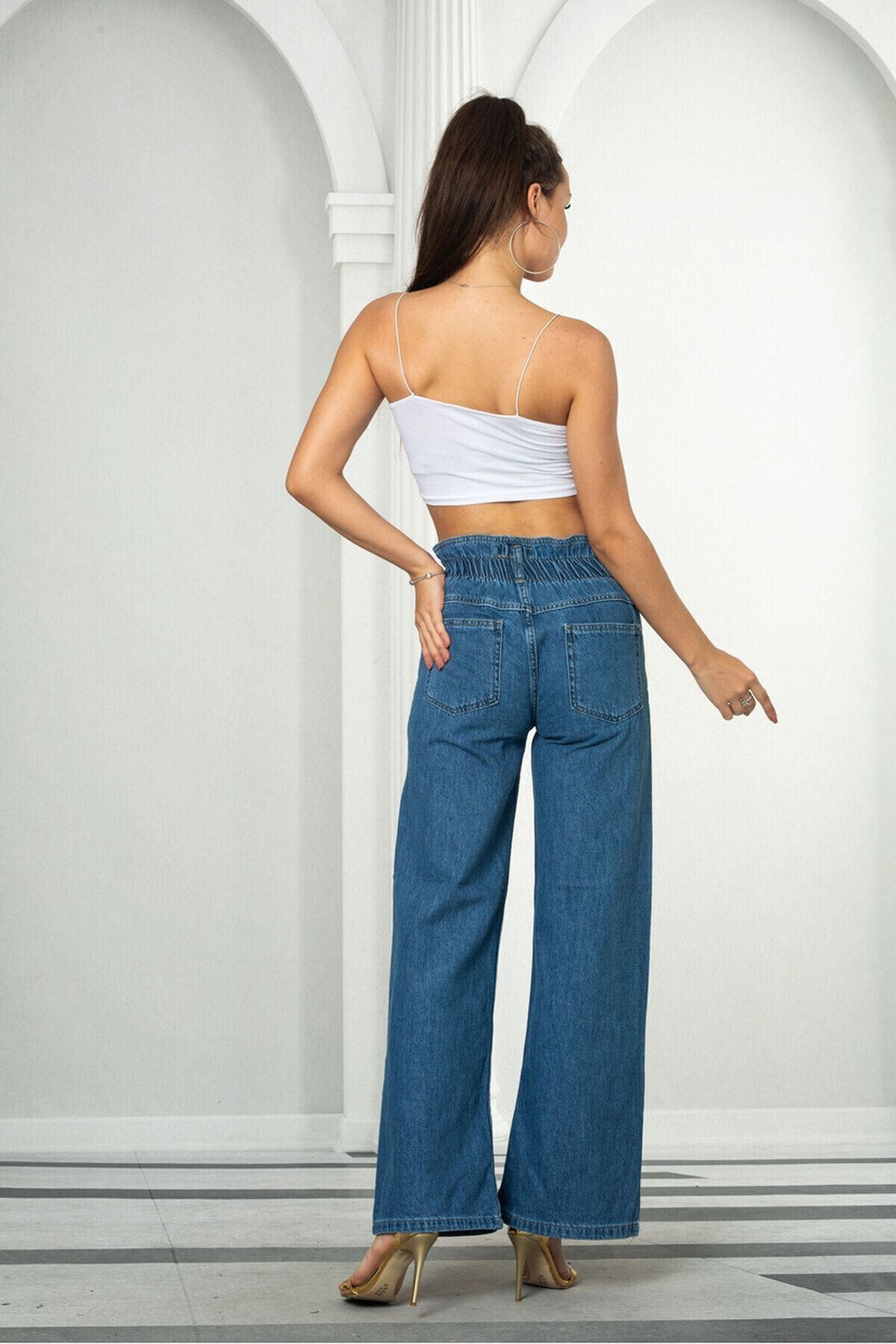 Kadın A.mavi Beli Lastikli Yüksek Bel Palazzo Jeans