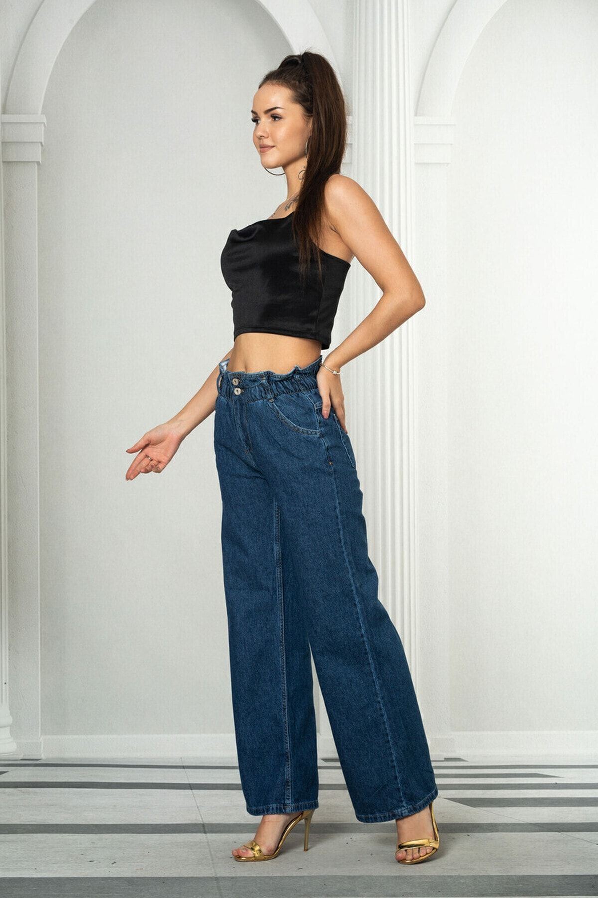 Kadın Mavi Beli Lastikli Yüksek Bel Palazzo Jeans