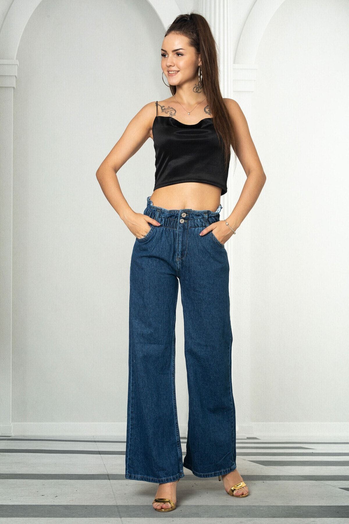 Kadın Mavi Beli Lastikli Yüksek Bel Palazzo Jeans