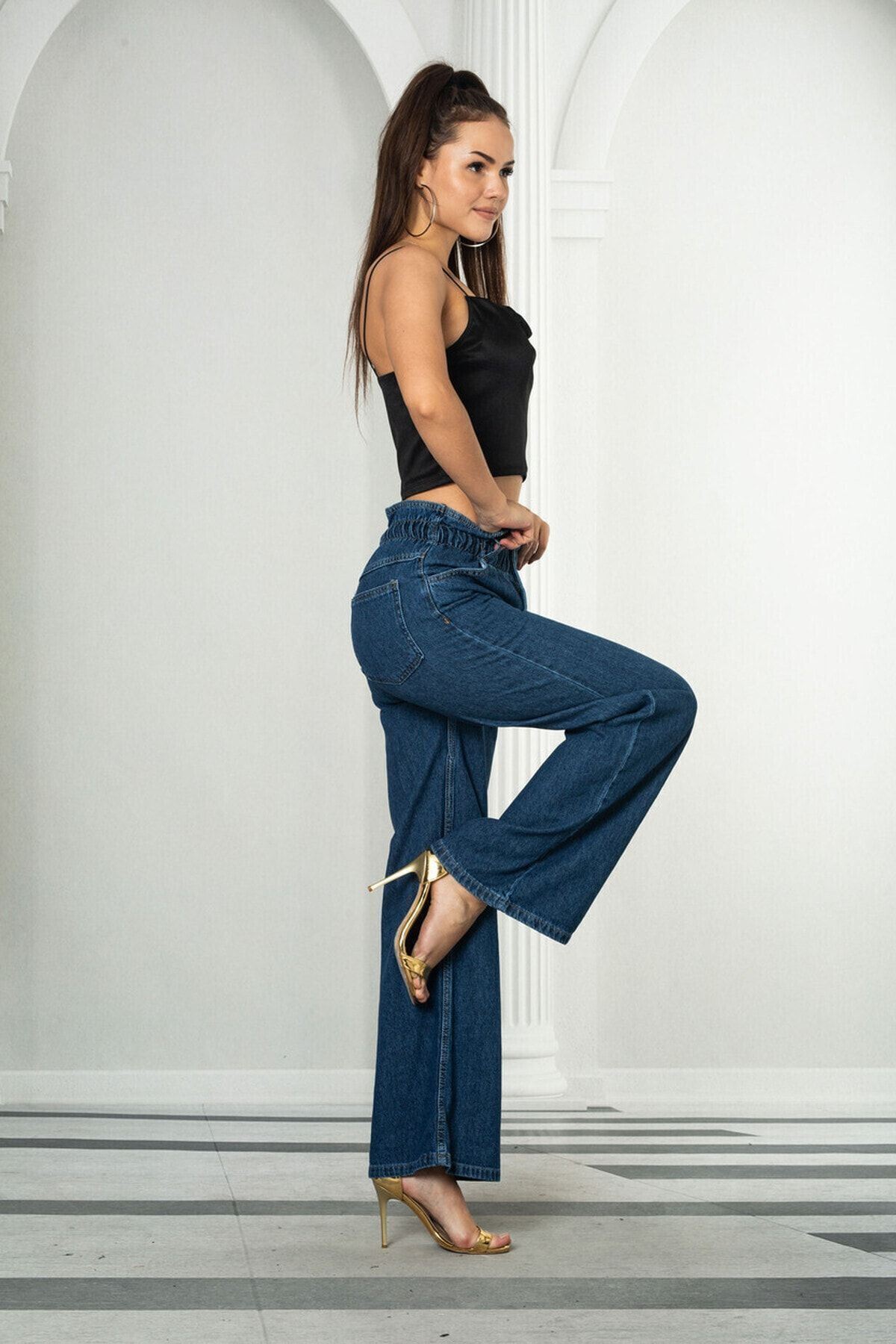 Kadın Mavi Beli Lastikli Yüksek Bel Palazzo Jeans