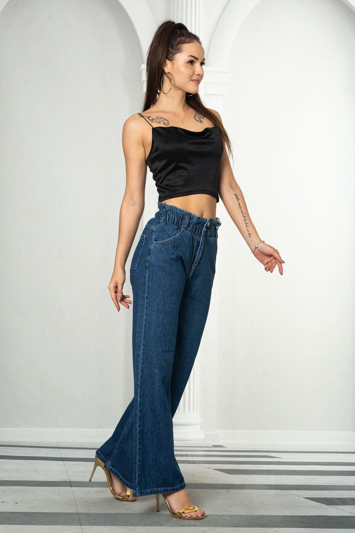 Kadın Mavi Beli Lastikli Yüksek Bel Palazzo Jeans