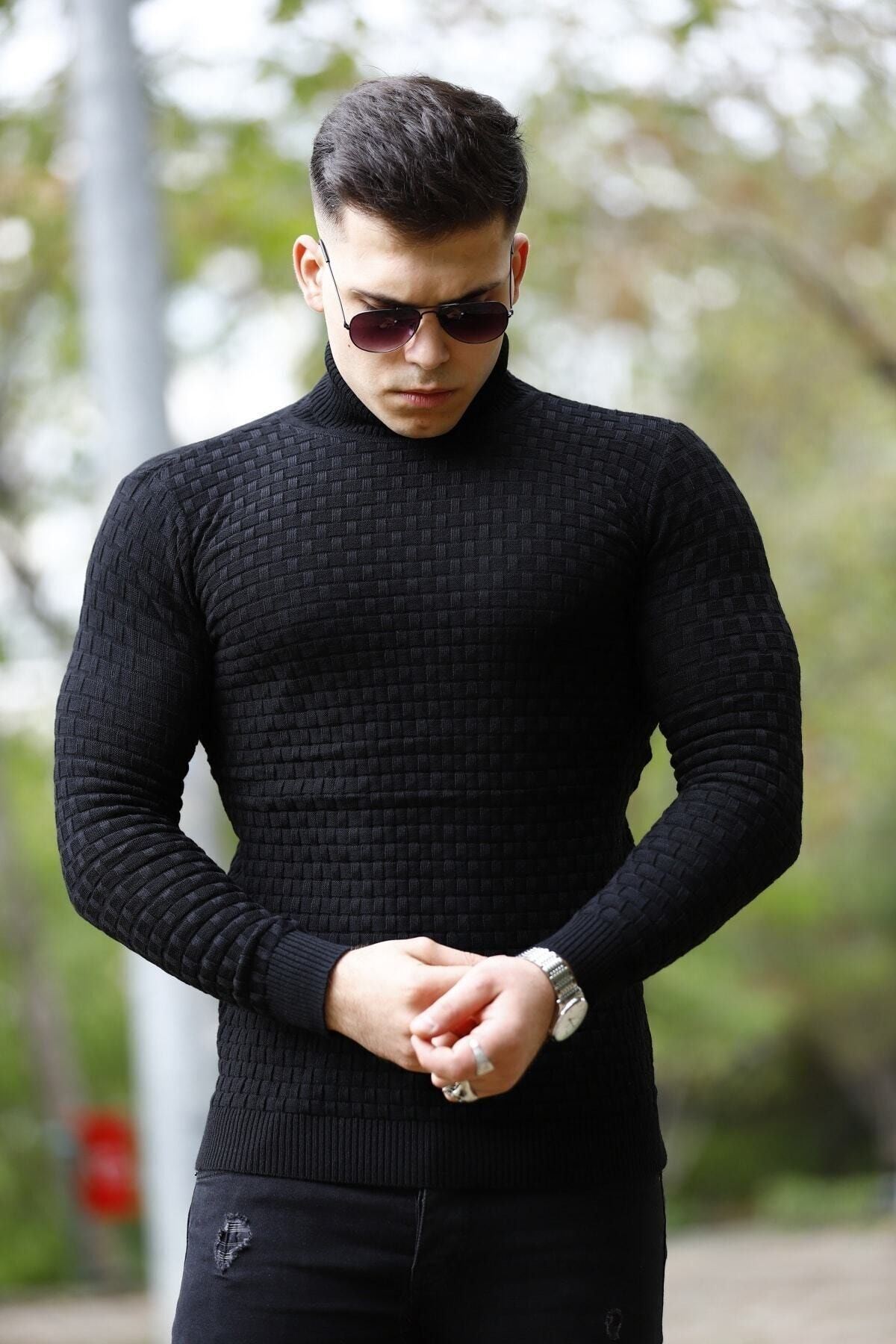 Erkek Desenli Günlük Balıkçı Yaka Siyah Triko Kazak