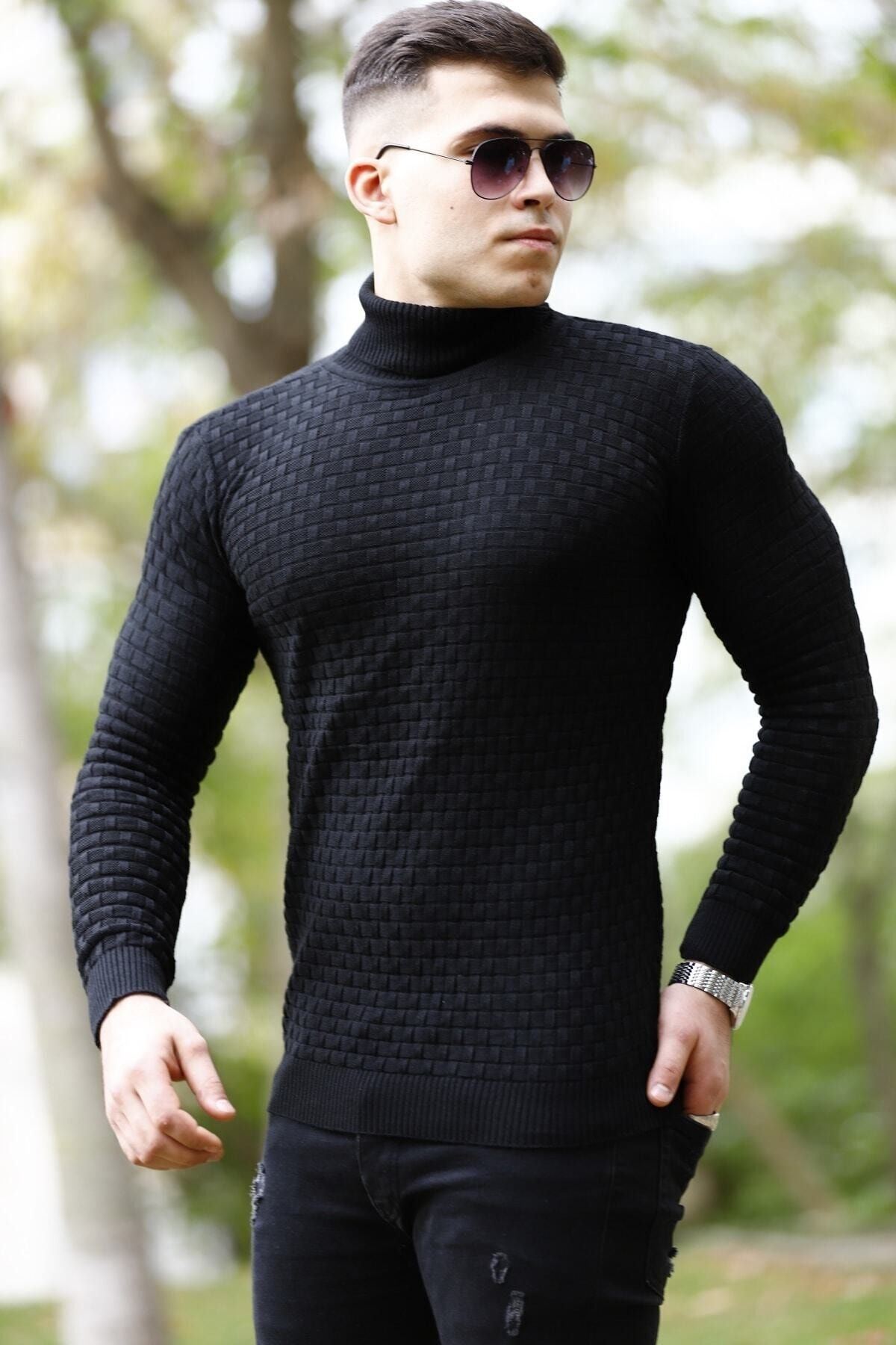 Erkek Desenli Günlük Balıkçı Yaka Siyah Triko Kazak