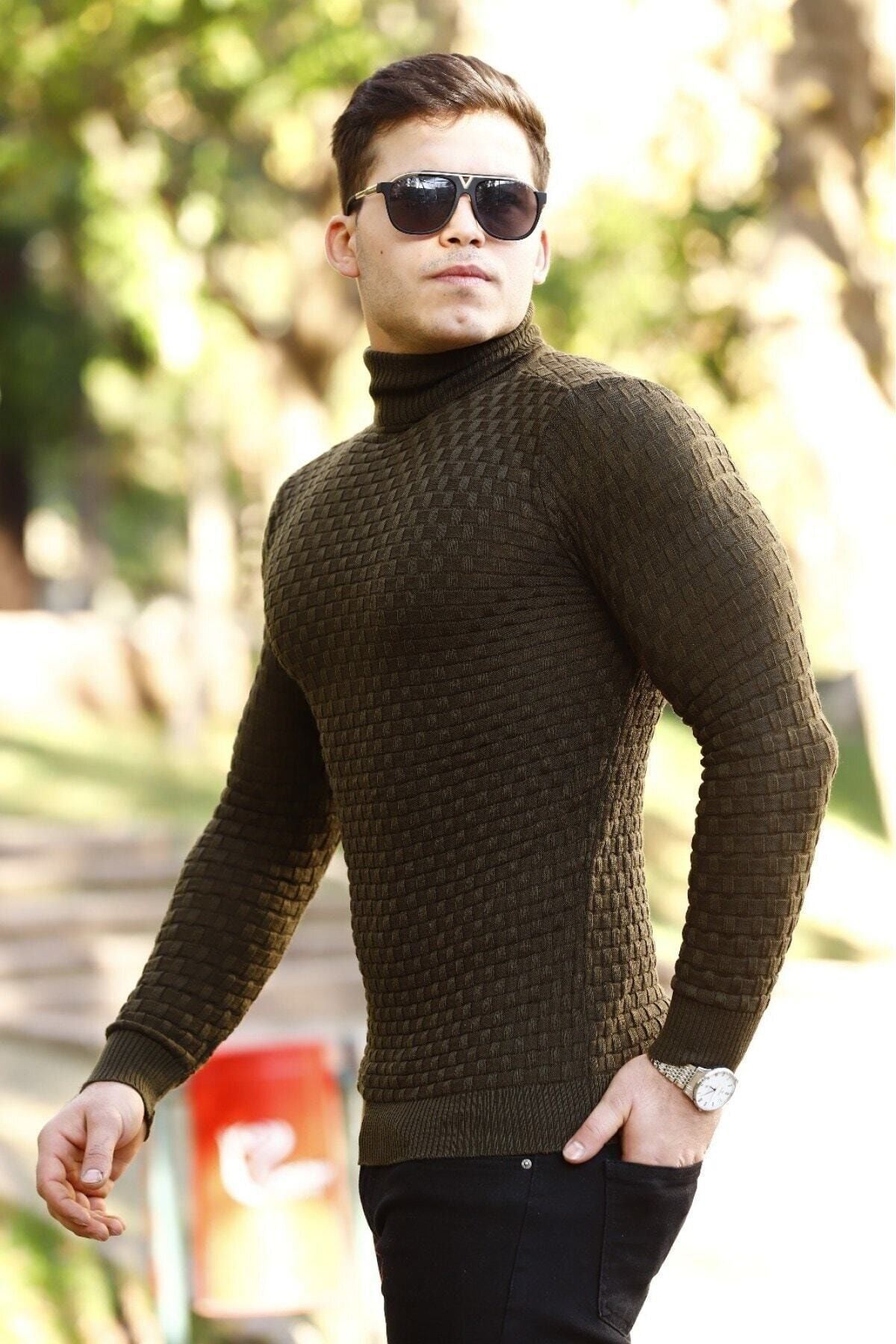 Erkek Haki Boğazlı Triko