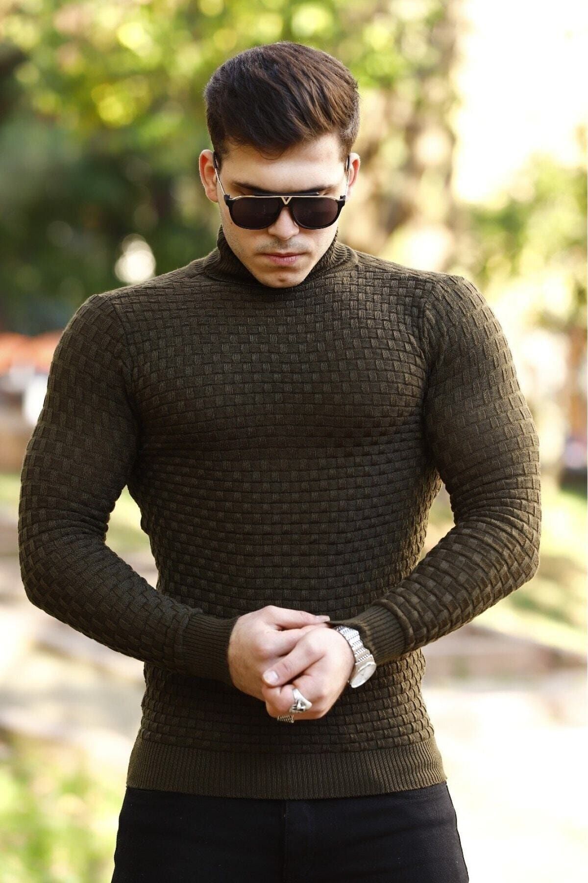 Erkek Haki Boğazlı Triko