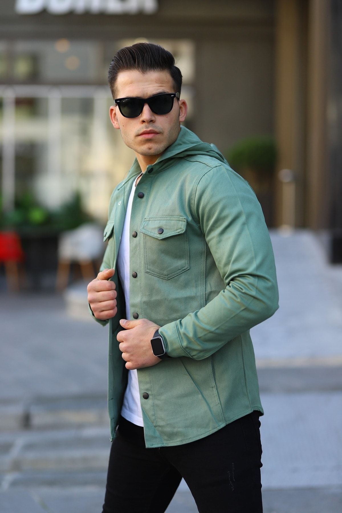 Erkek Kapüşonlu Çıt Çıt Düğme ( Rahat Kalıp ) Kot Gömlek