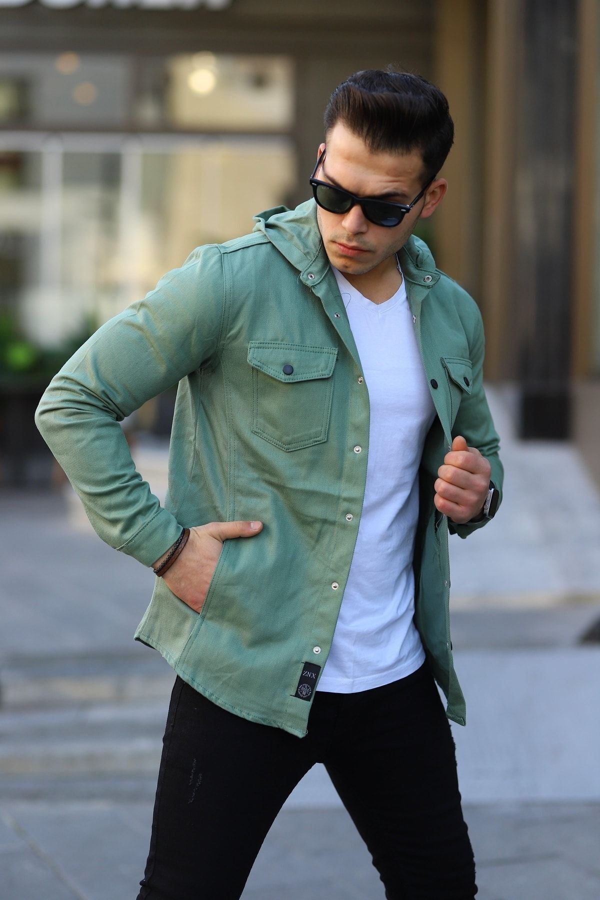 Erkek Kapüşonlu Çıt Çıt Düğme ( Rahat Kalıp ) Kot Gömlek