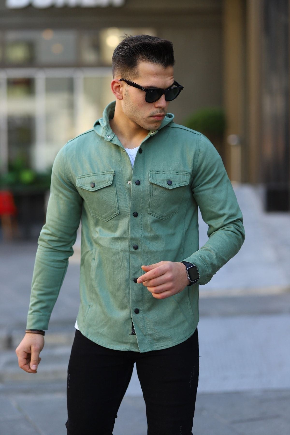 Erkek Kapüşonlu Çıt Çıt Düğme ( Rahat Kalıp ) Kot Gömlek