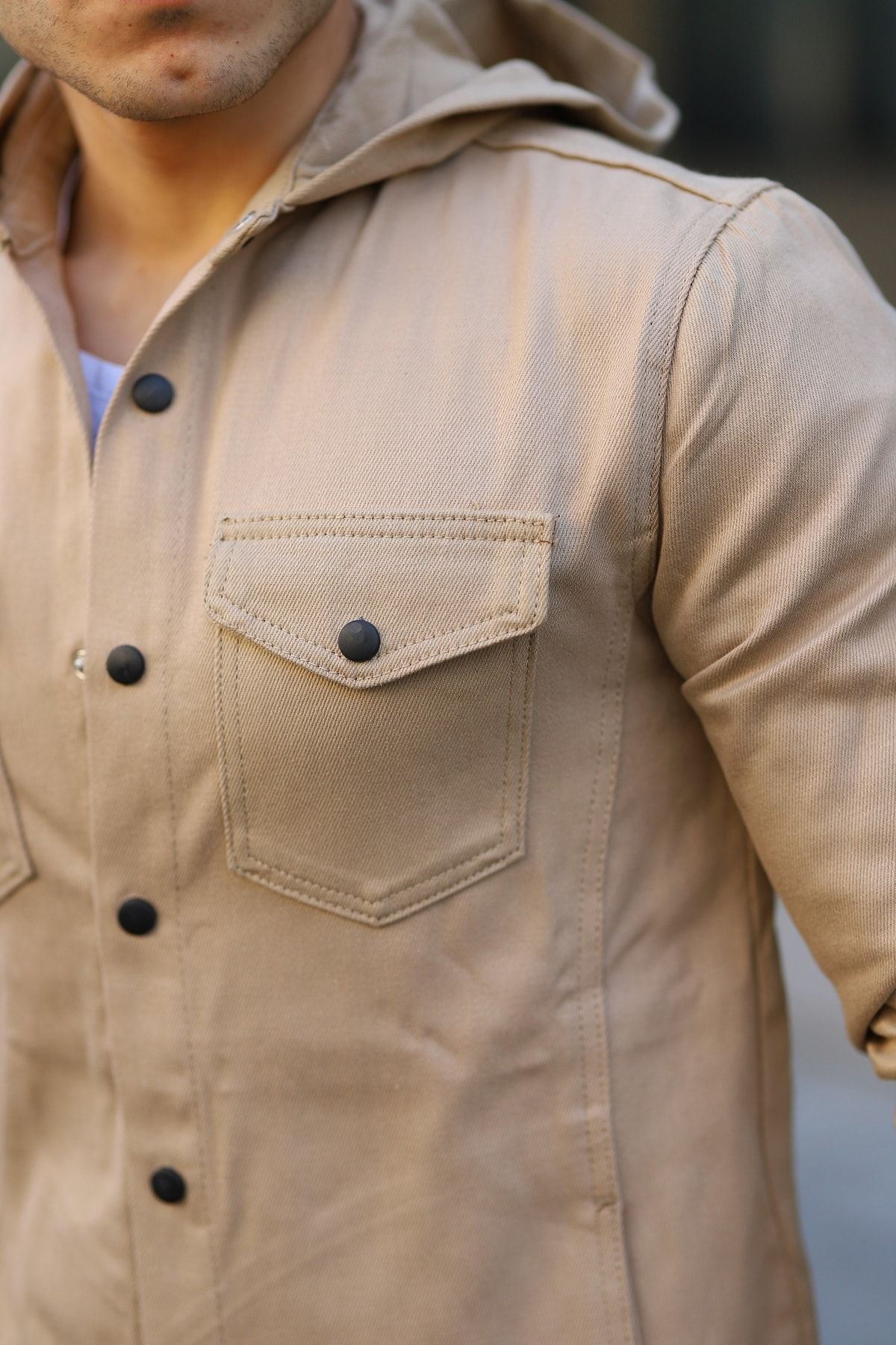 Erkek Kapüşonlu Çıt Çıt Düğme ( Rahat Kalıp ) Kot Gömlek