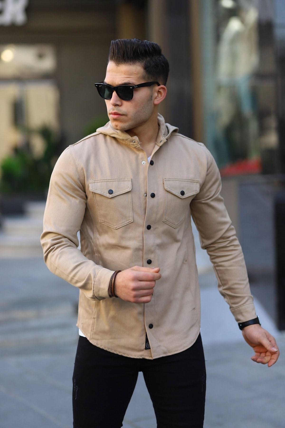 Erkek Kapüşonlu Çıt Çıt Düğme ( Rahat Kalıp ) Kot Gömlek