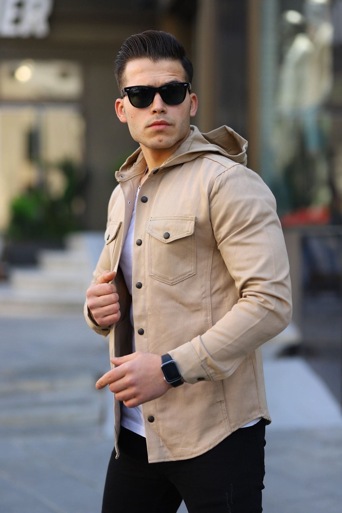 Erkek Kapüşonlu Çıt Çıt Düğme ( Rahat Kalıp ) Kot Gömlek