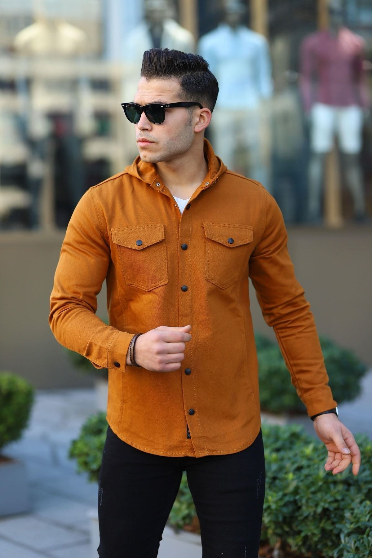 Erkek Kapüşonlu Çıt Çıt Düğme ( Rahat Kalıp ) Kot Gömlek