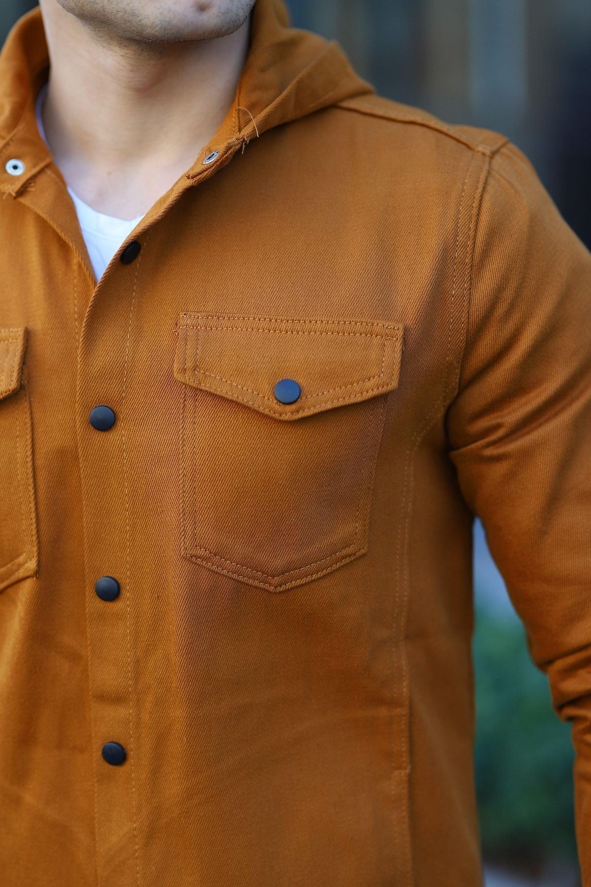 Erkek Kapüşonlu Çıt Çıt Düğme ( Rahat Kalıp ) Kot Gömlek