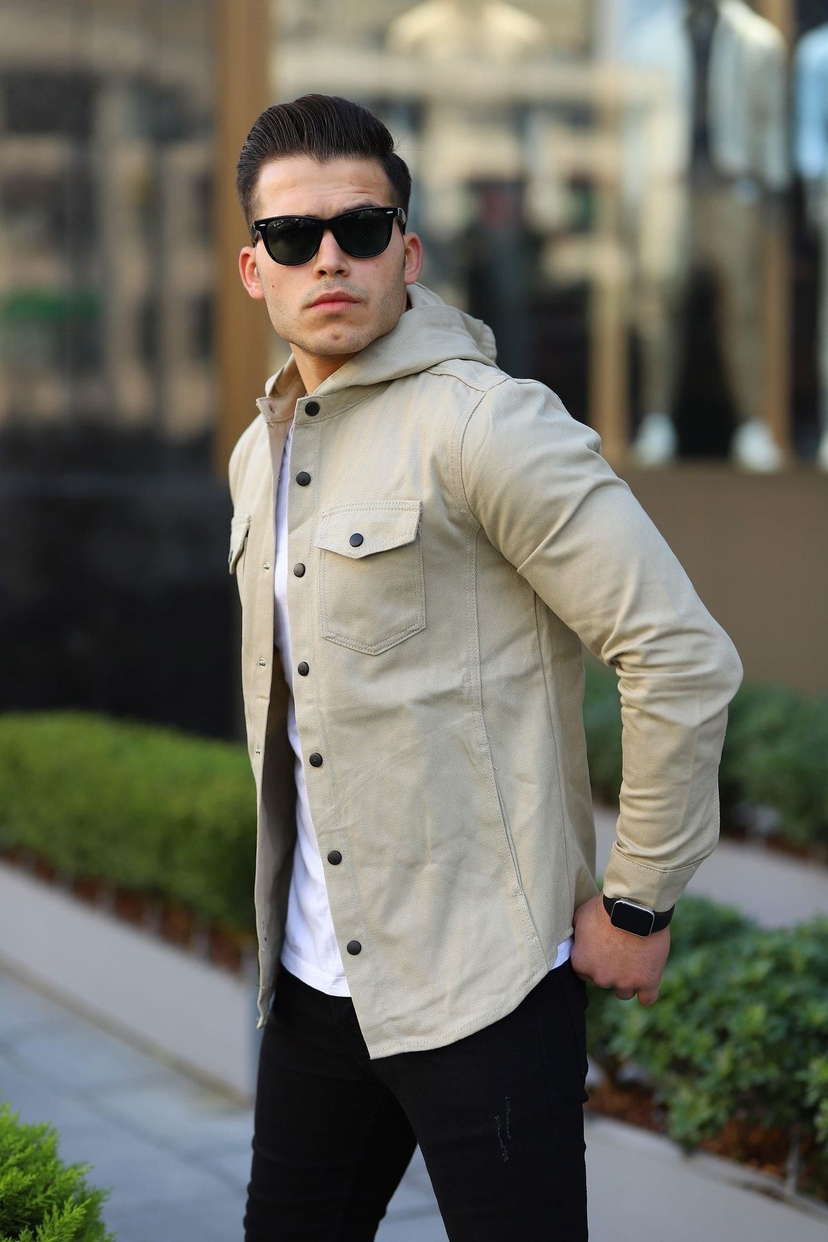 Erkek Kapüşonlu Çıt Çıt Düğme ( Rahat Kalıp ) Kot Gömlek