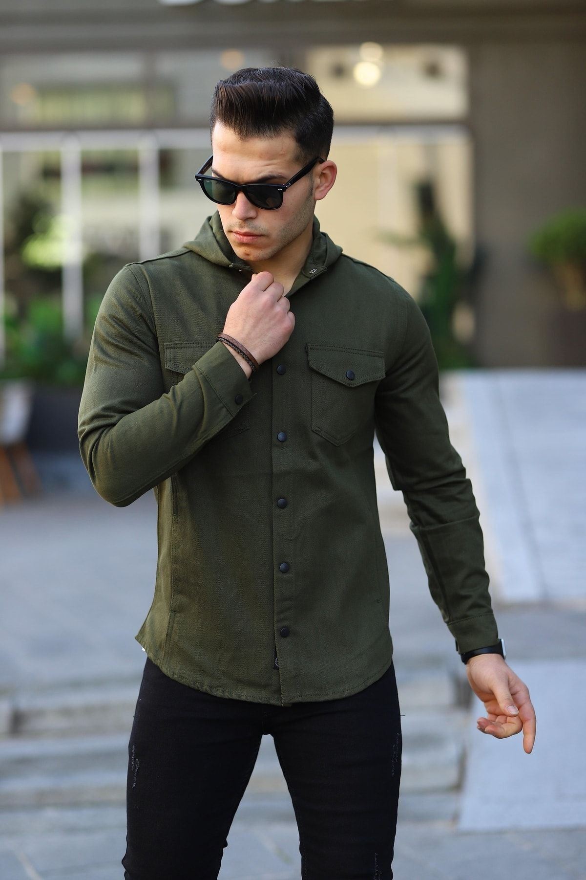 Erkek Kapüşonlu Çıt Çıt Düğme ( Rahat Kalıp ) Kot Gömlek