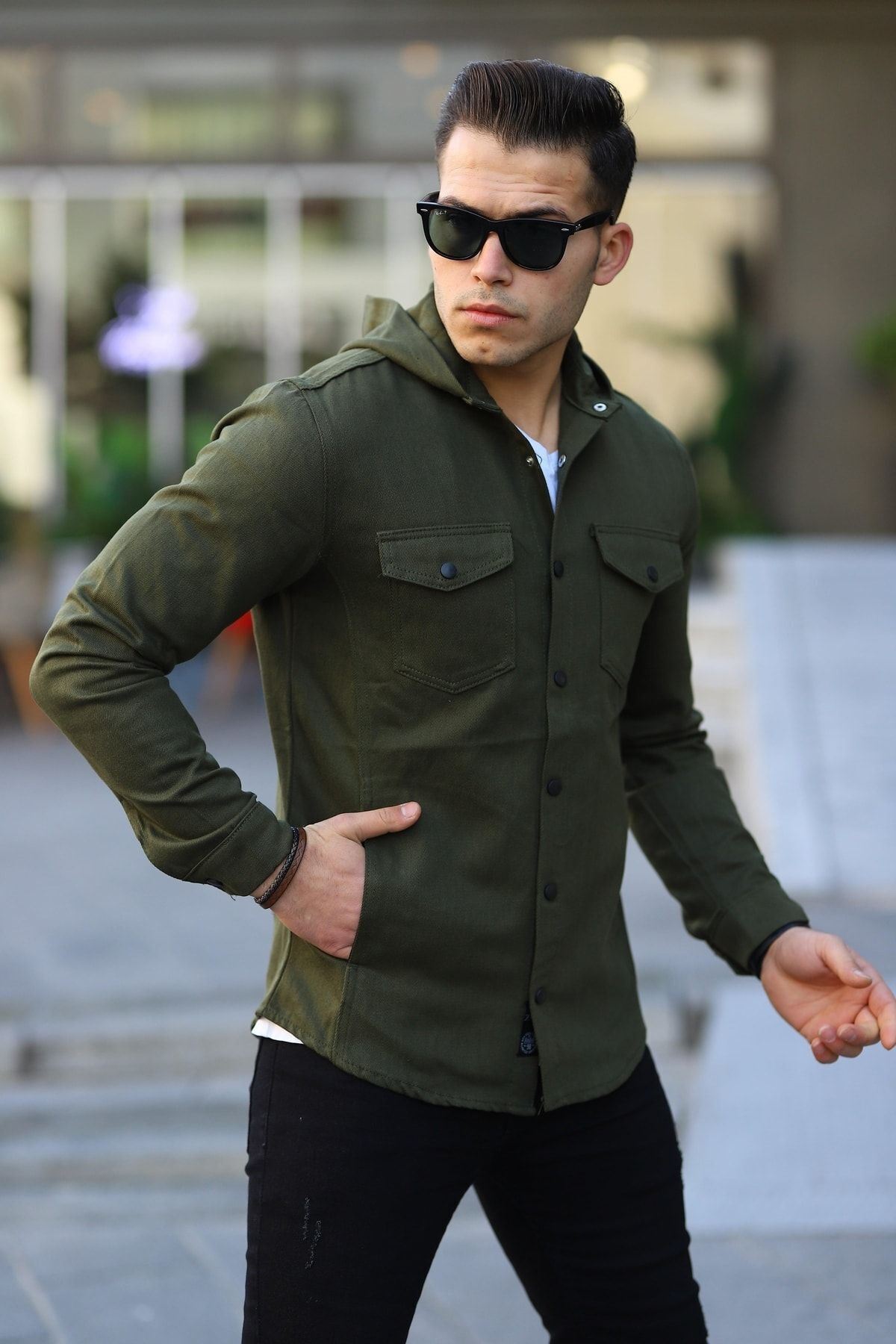 Erkek Kapüşonlu Çıt Çıt Düğme ( Rahat Kalıp ) Kot Gömlek