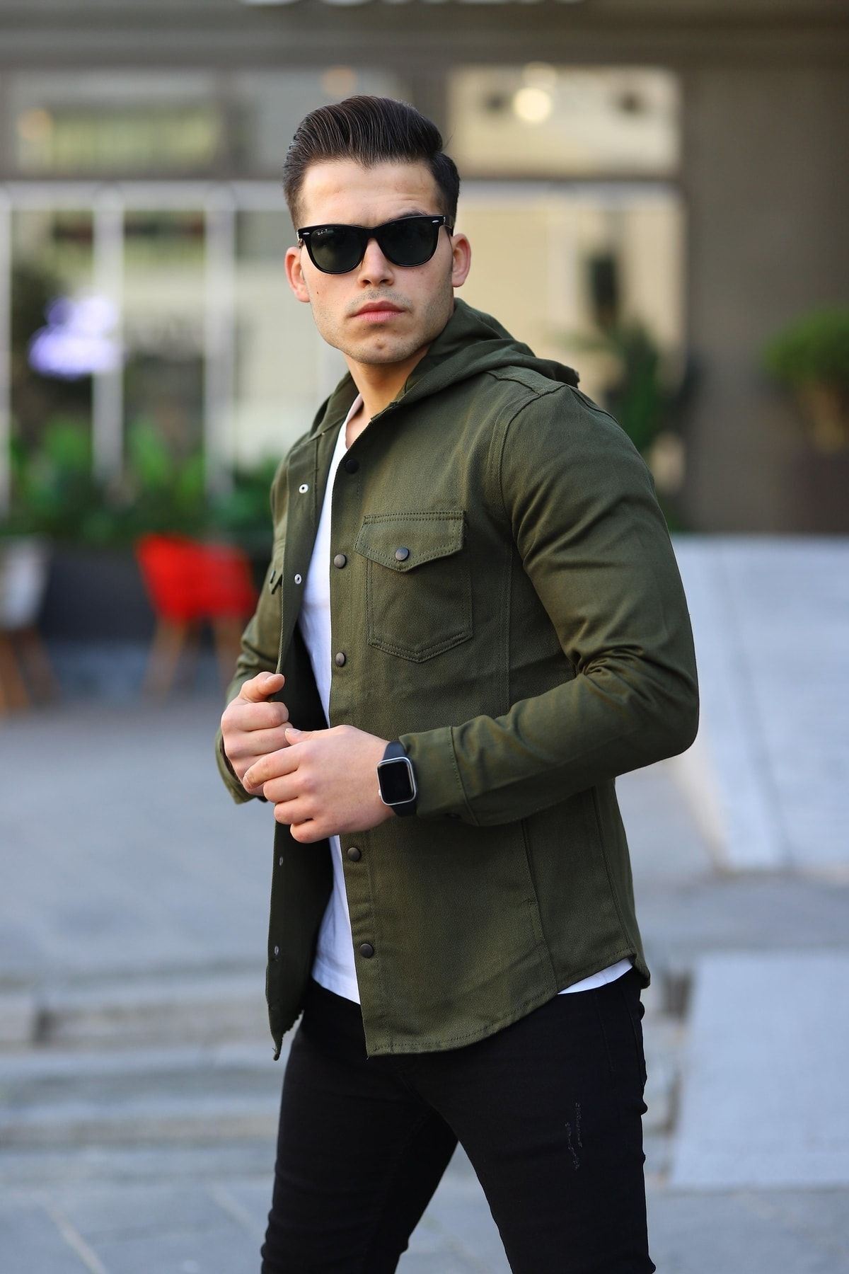 Erkek Kapüşonlu Çıt Çıt Düğme ( Rahat Kalıp ) Kot Gömlek