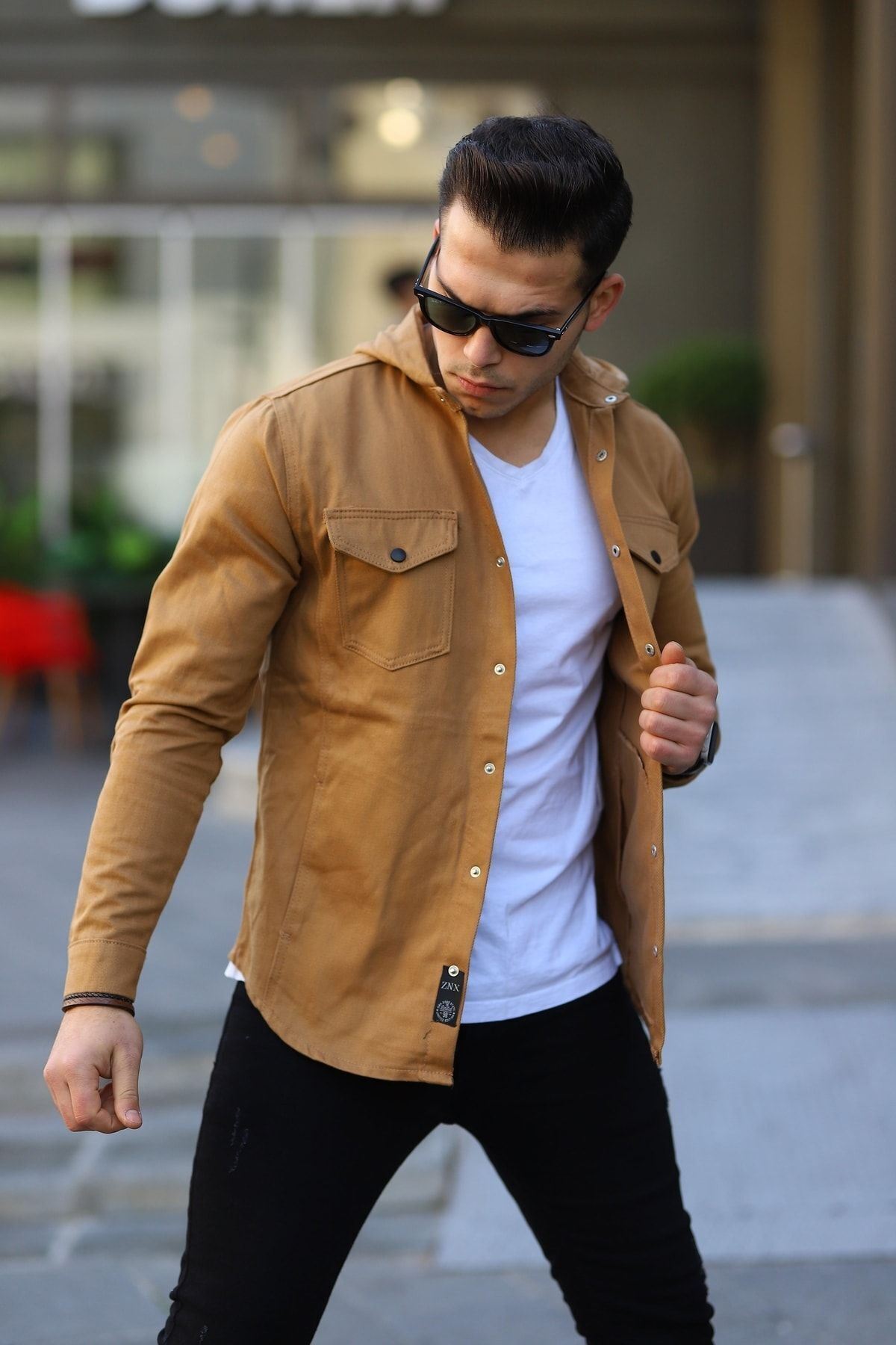 Erkek Kapüşonlu Çıt Çıt Düğme ( Rahat Kalıp ) Kot Gömlek