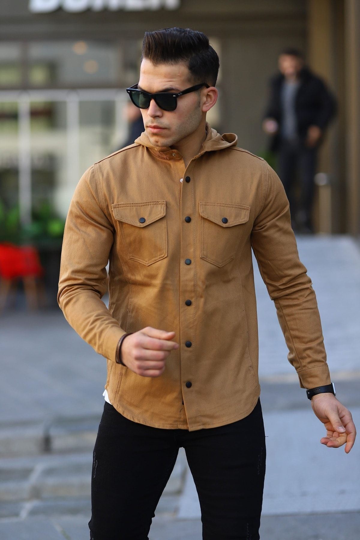 Erkek Kapüşonlu Çıt Çıt Düğme ( Rahat Kalıp ) Kot Gömlek