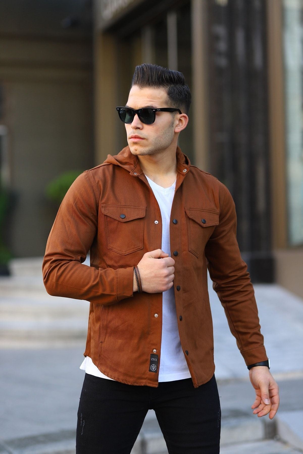 Erkek Kapüşonlu Çıt Çıt Düğme ( Rahat Kalıp ) Kot Gömlek