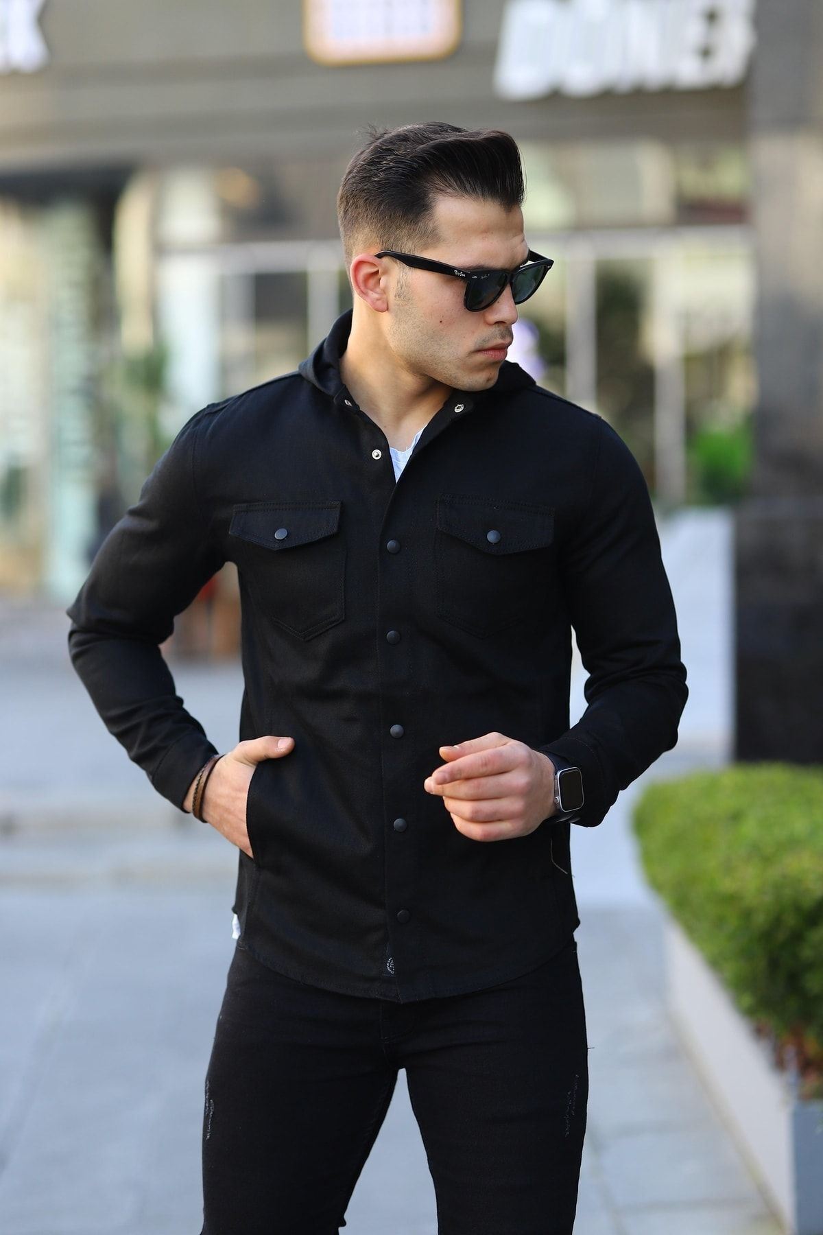 Erkek Kapüşonlu Çıt Çıt Düğme ( Rahat Kalıp ) Kot Gömlek