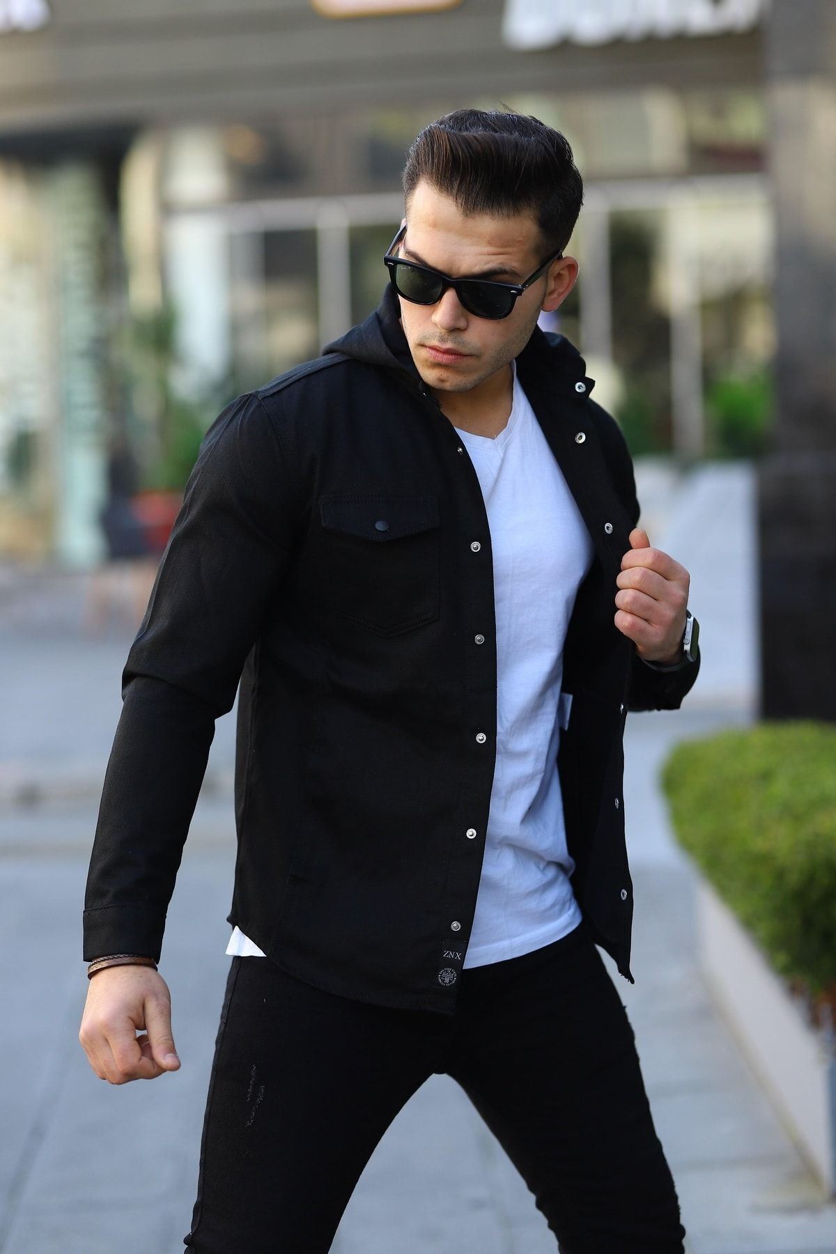 Erkek Kapüşonlu Çıt Çıt Düğme ( Rahat Kalıp ) Kot Gömlek