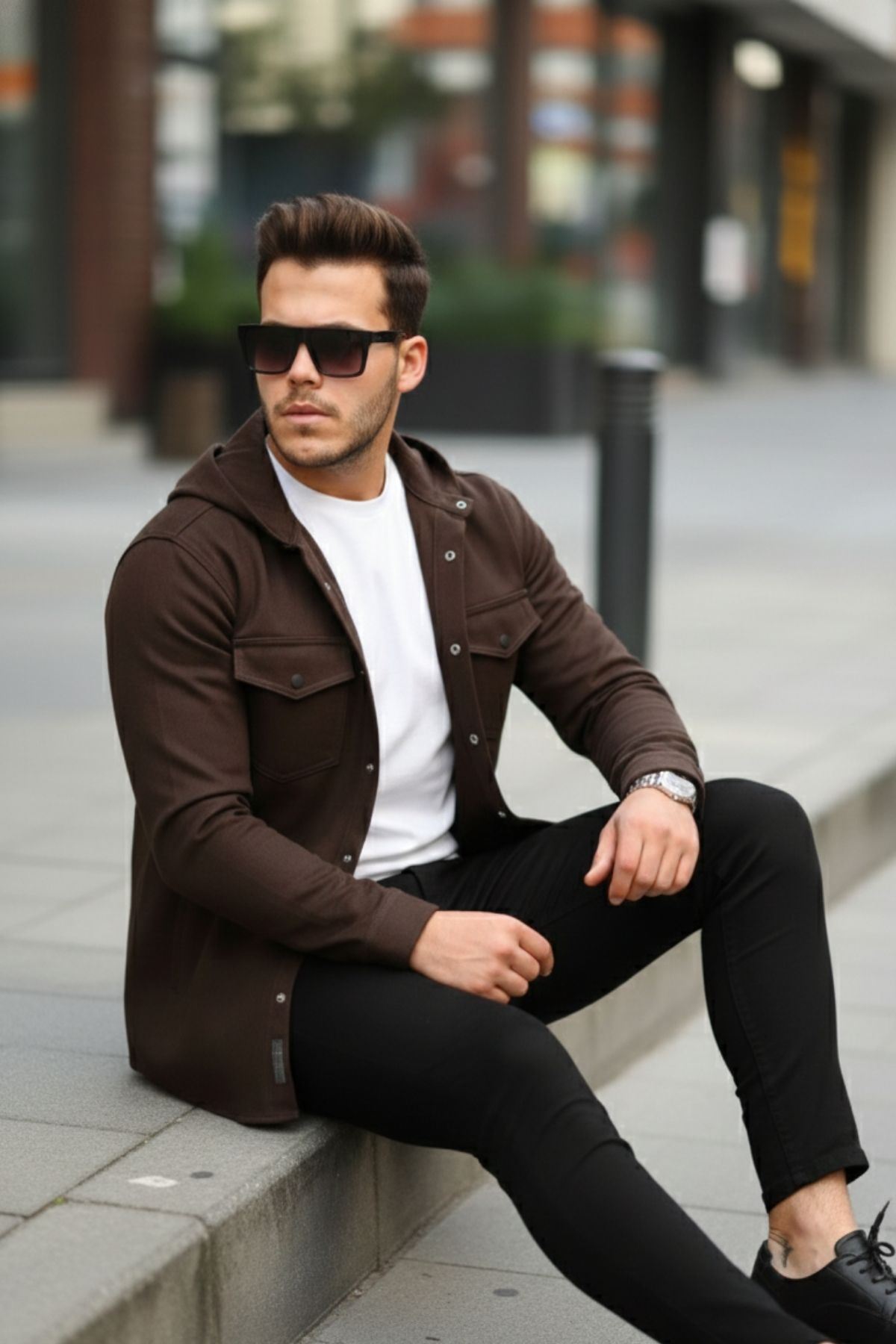 Erkek Kapüşonlu Çıt Çıt Düğme ( Rahat Kalıp ) Kot Gömlek