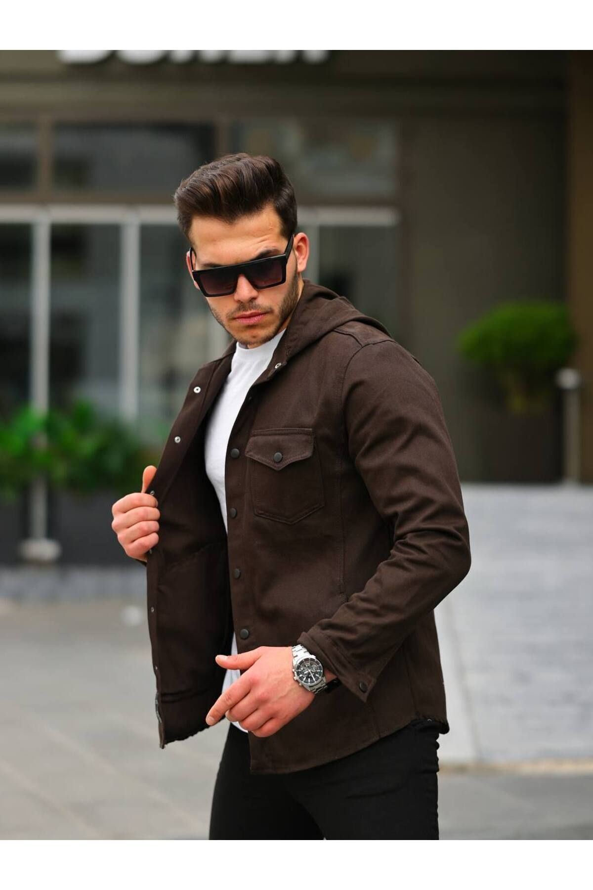 Erkek Kapüşonlu Çıt Çıt Düğme ( Rahat Kalıp ) Kot Gömlek