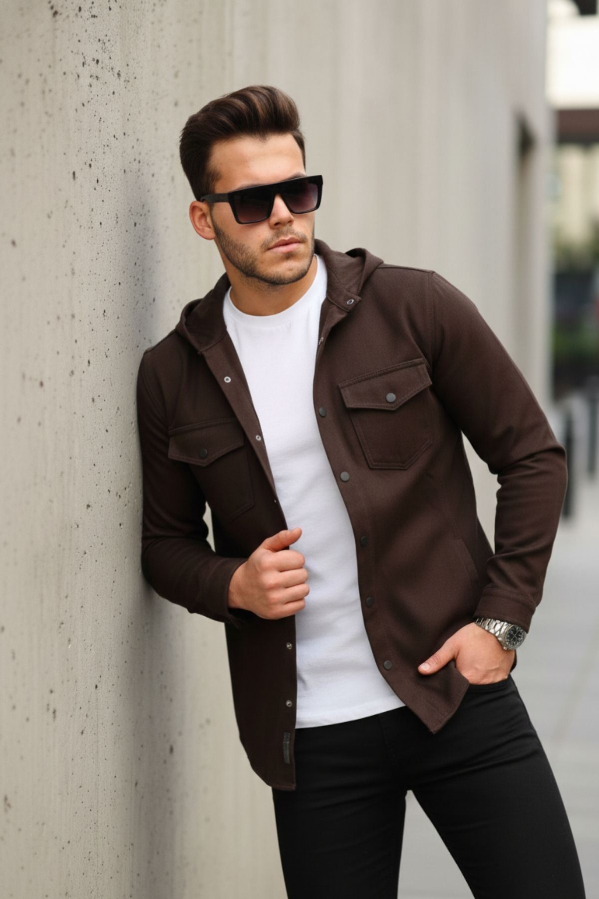 Erkek Kapüşonlu Çıt Çıt Düğme ( Rahat Kalıp ) Kot Gömlek