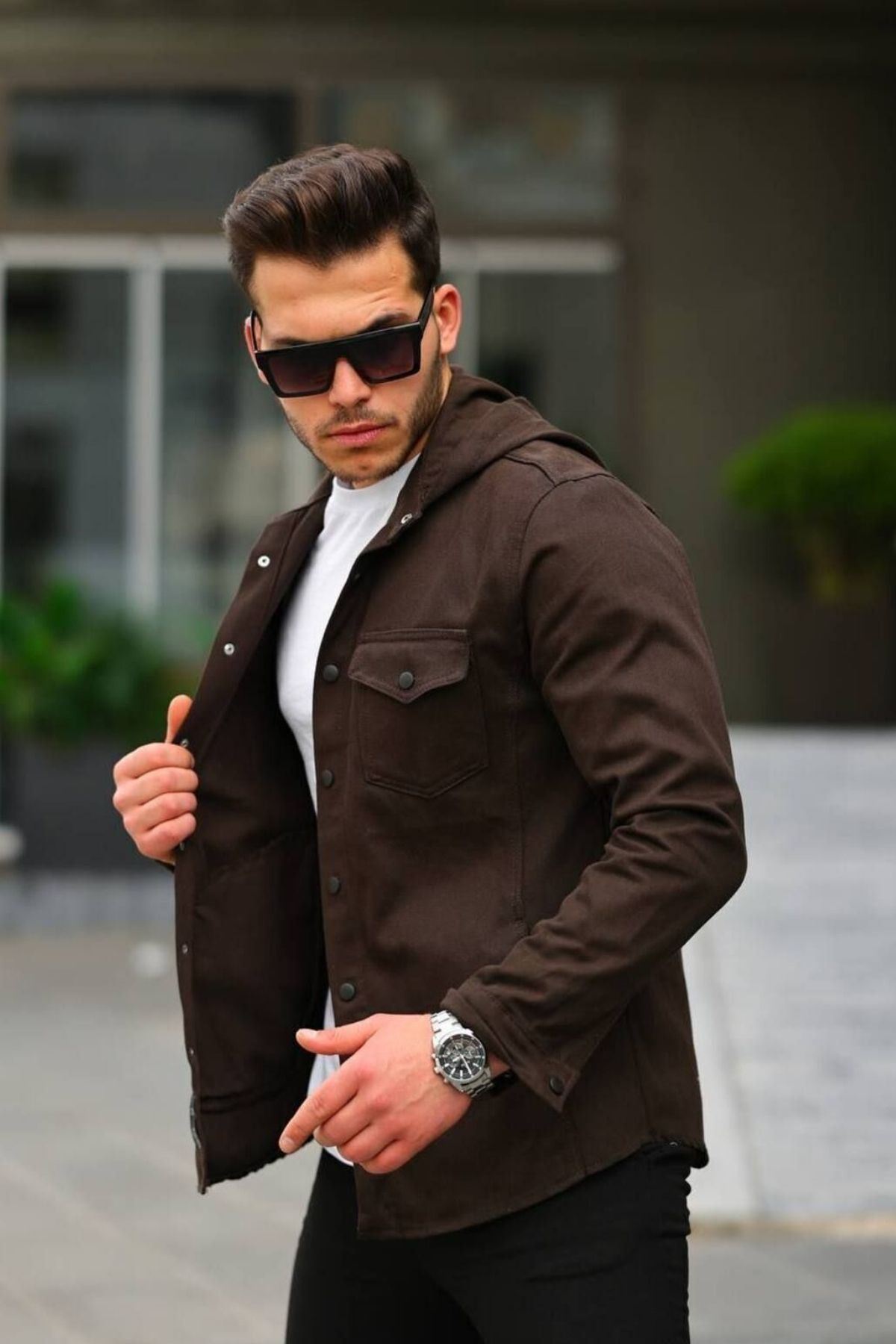 Erkek Kapüşonlu Çıt Çıt Düğme ( Rahat Kalıp ) Kot Gömlek