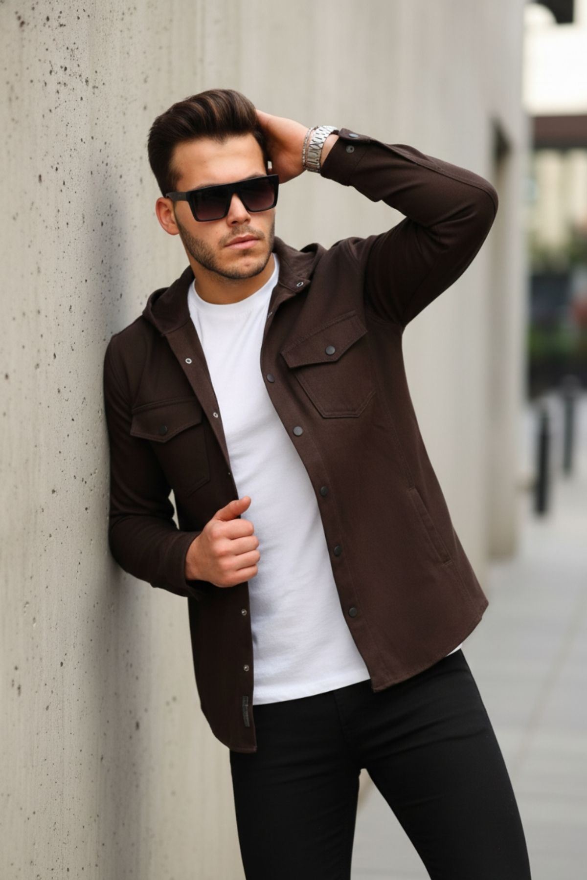 Erkek Kapüşonlu Çıt Çıt Düğme ( Rahat Kalıp ) Kot Gömlek