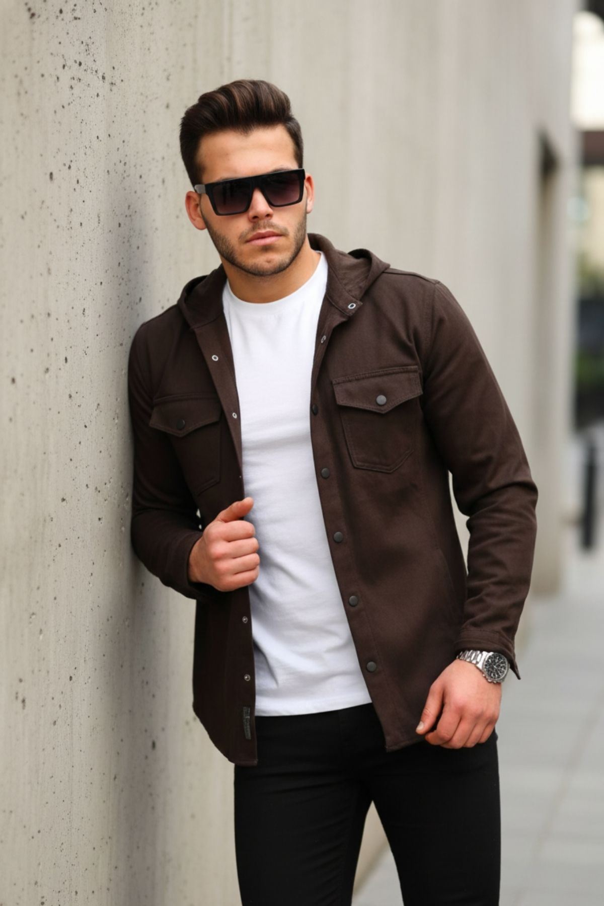 Erkek Kapüşonlu Çıt Çıt Düğme ( Rahat Kalıp ) Kot Gömlek