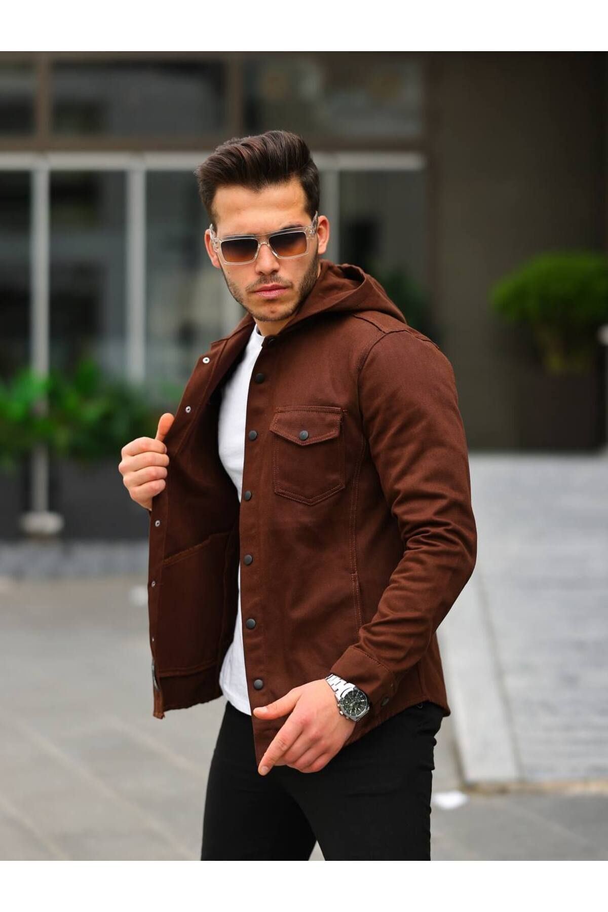 Erkek Kapüşonlu Çıt Çıt Düğme ( Rahat Kalıp ) Kot Gömlek