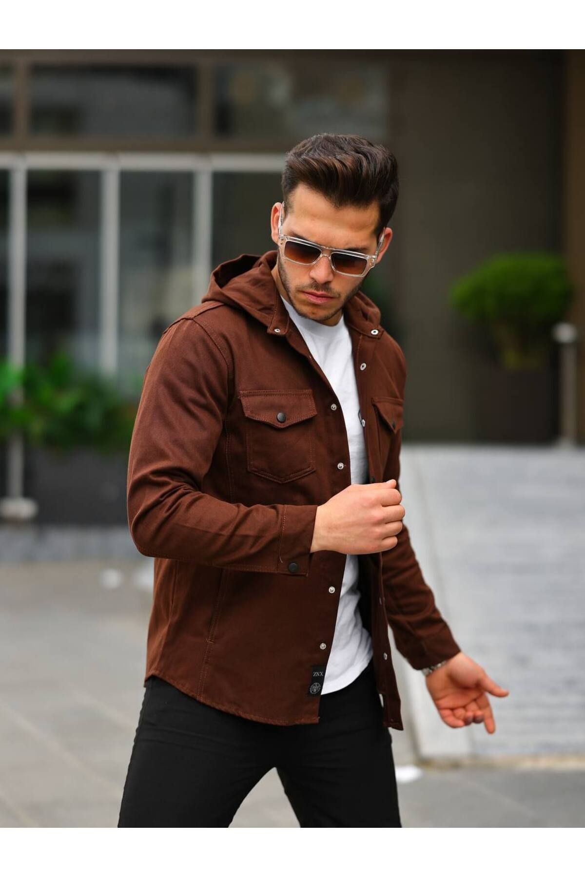 Erkek Kapüşonlu Çıt Çıt Düğme ( Rahat Kalıp ) Kot Gömlek