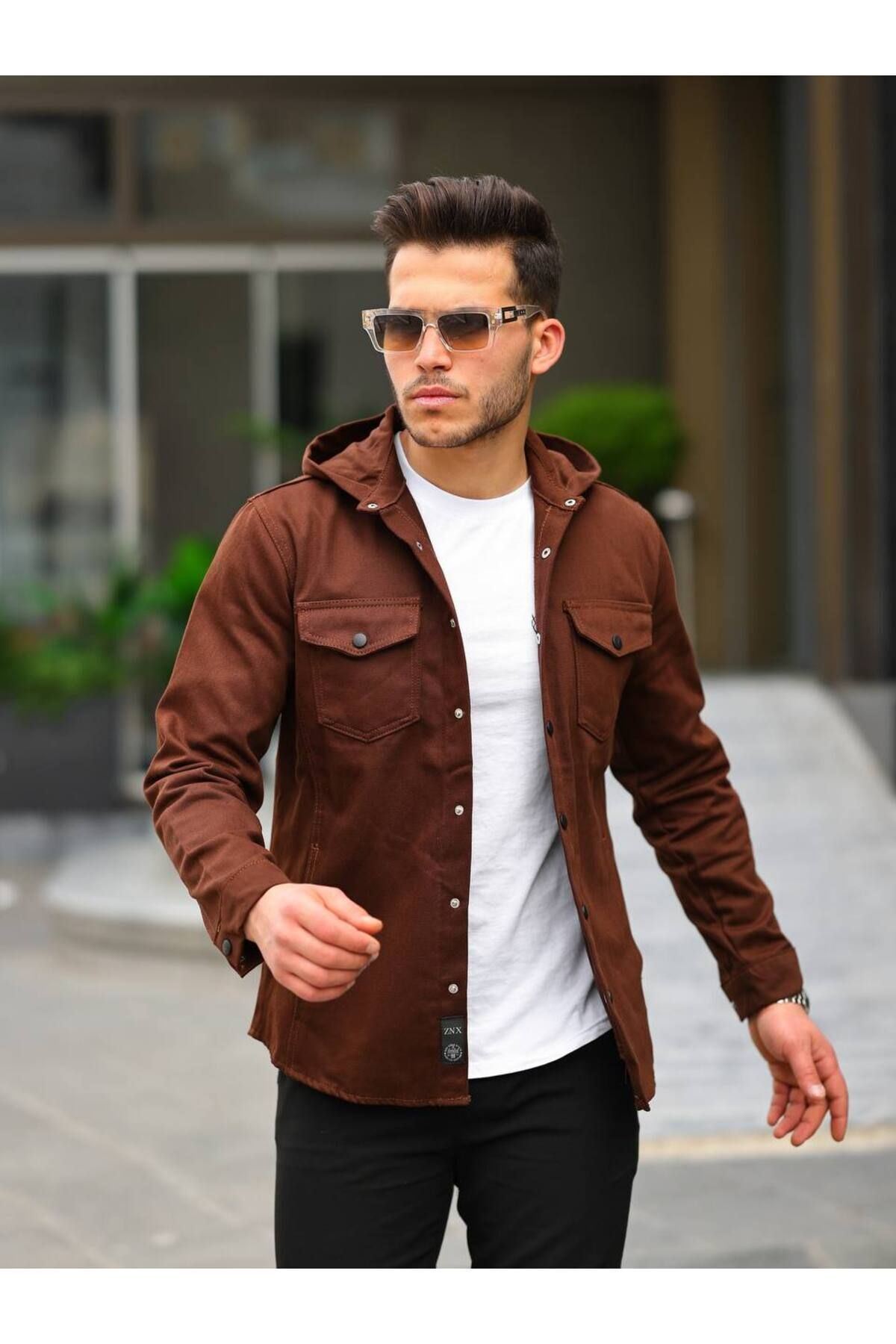 Erkek Kapüşonlu Çıt Çıt Düğme ( Rahat Kalıp ) Kot Gömlek