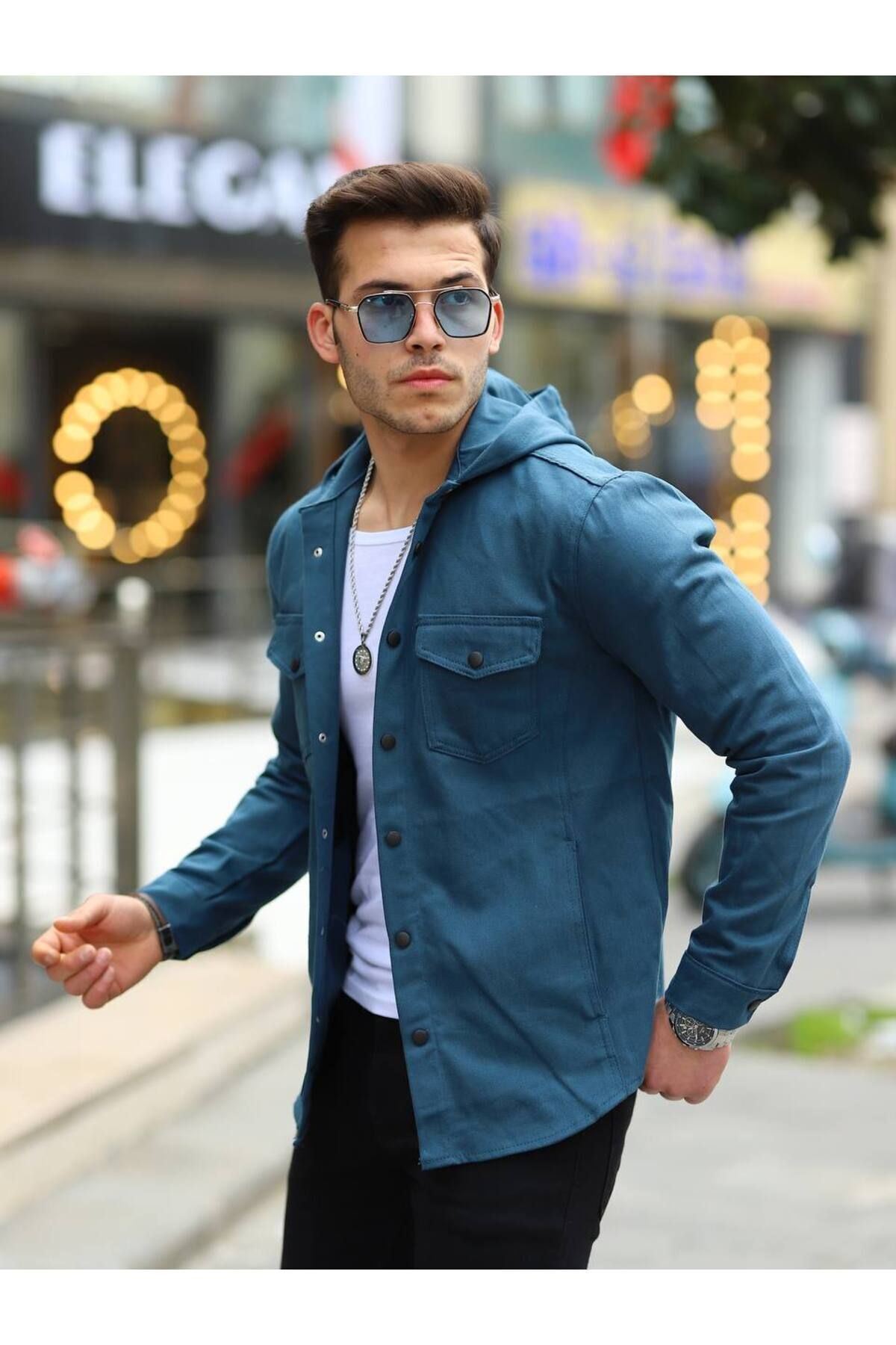 Erkek Kapüşonlu Çıt Çıt Düğme ( Rahat Kalıp ) Kot Gömlek