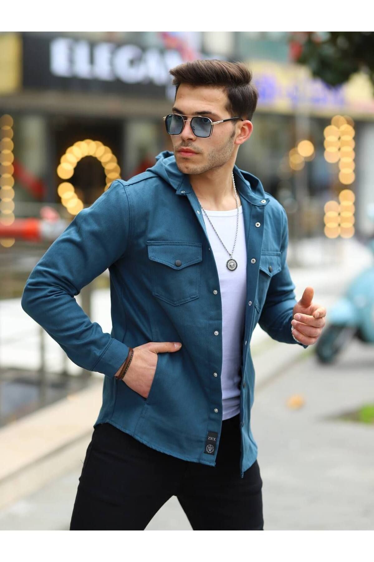Erkek Kapüşonlu Çıt Çıt Düğme ( Rahat Kalıp ) Kot Gömlek
