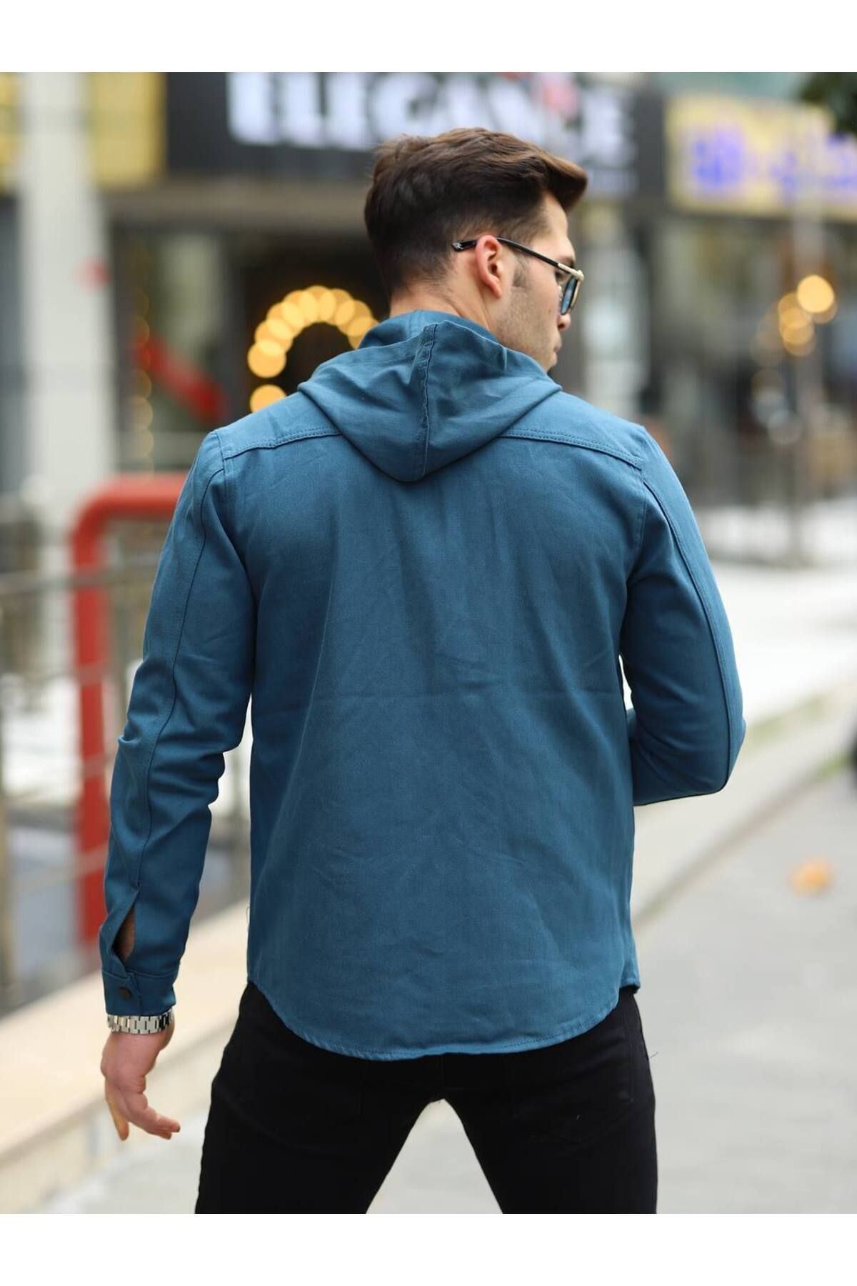 Erkek Kapüşonlu Çıt Çıt Düğme ( Rahat Kalıp ) Kot Gömlek