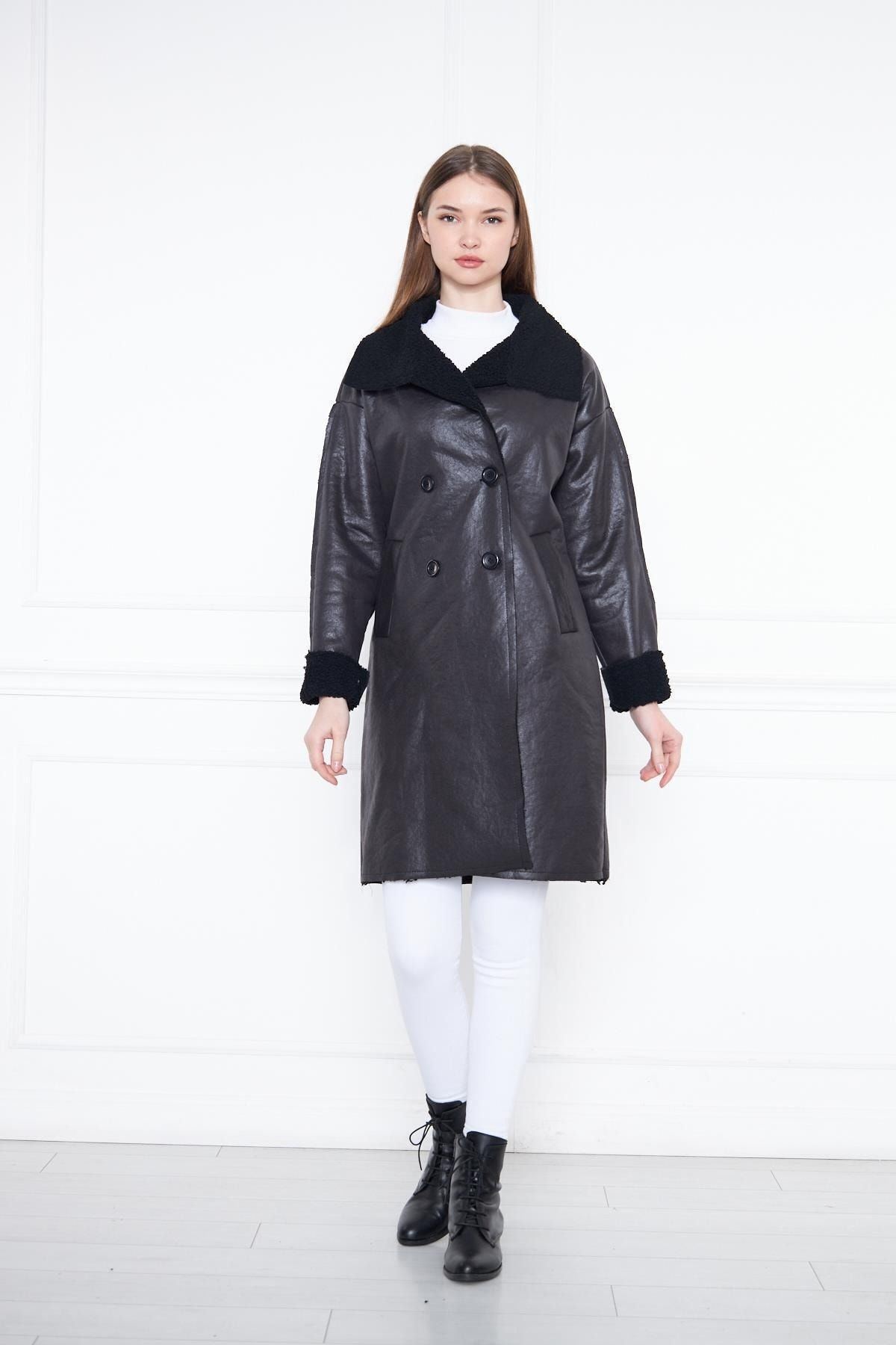 Kadın Trend Içi Kürklü Deri Uzun Siyah Ceket Kaban