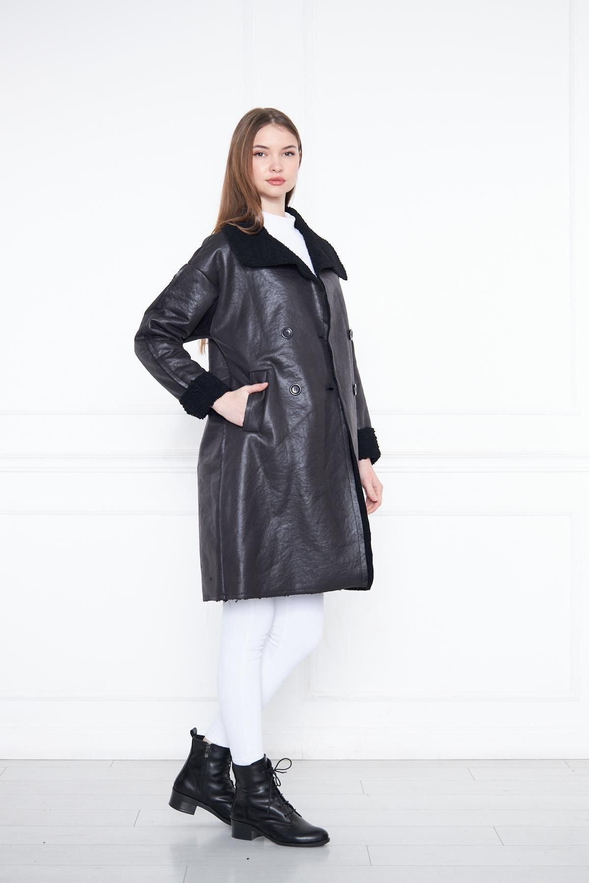 Kadın Trend Içi Kürklü Deri Uzun Siyah Ceket Kaban