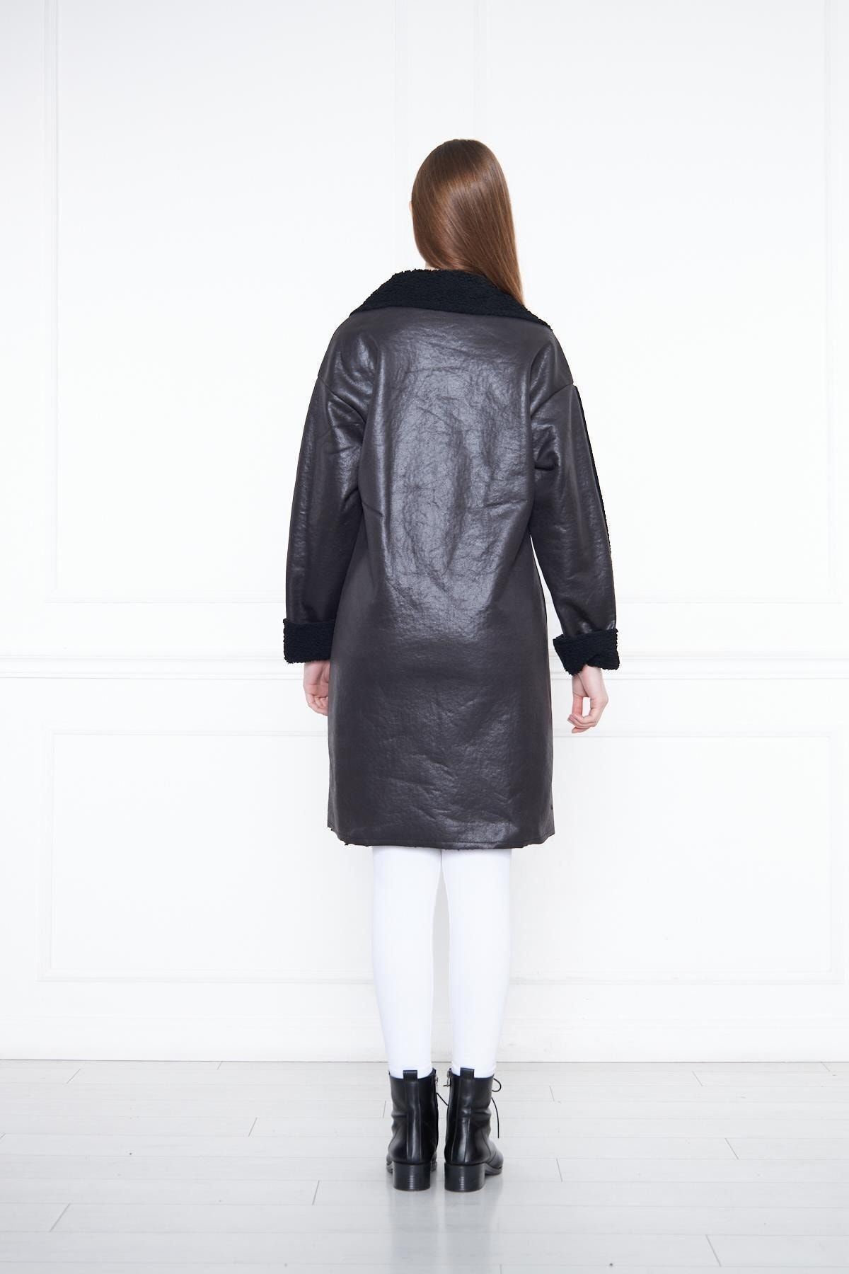 Kadın Trend Içi Kürklü Deri Uzun Siyah Ceket Kaban