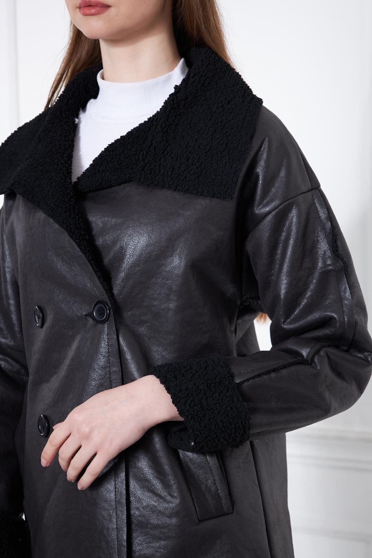 Kadın Trend Içi Kürklü Deri Uzun Siyah Ceket Kaban