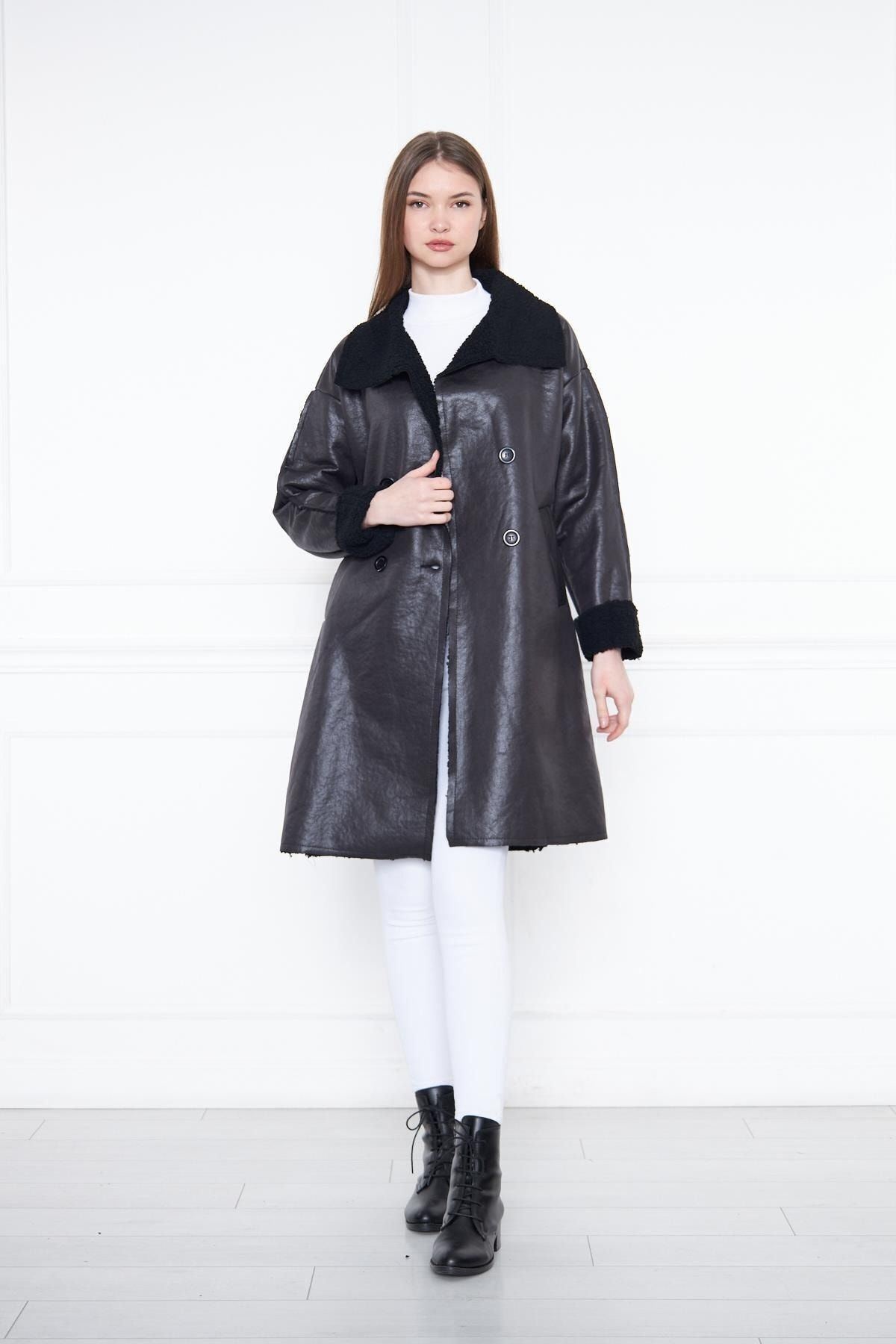 Kadın Trend Içi Kürklü Deri Uzun Siyah Ceket Kaban