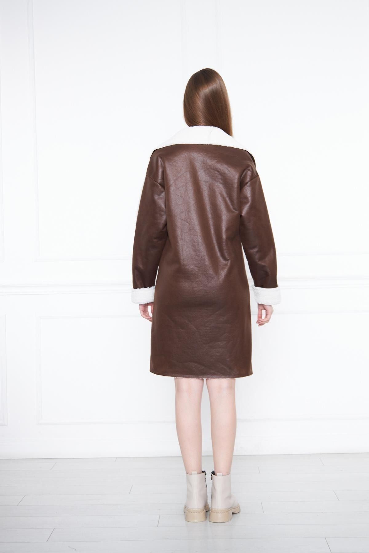 Içi Suni Kürklü Deri Uzun Kaban